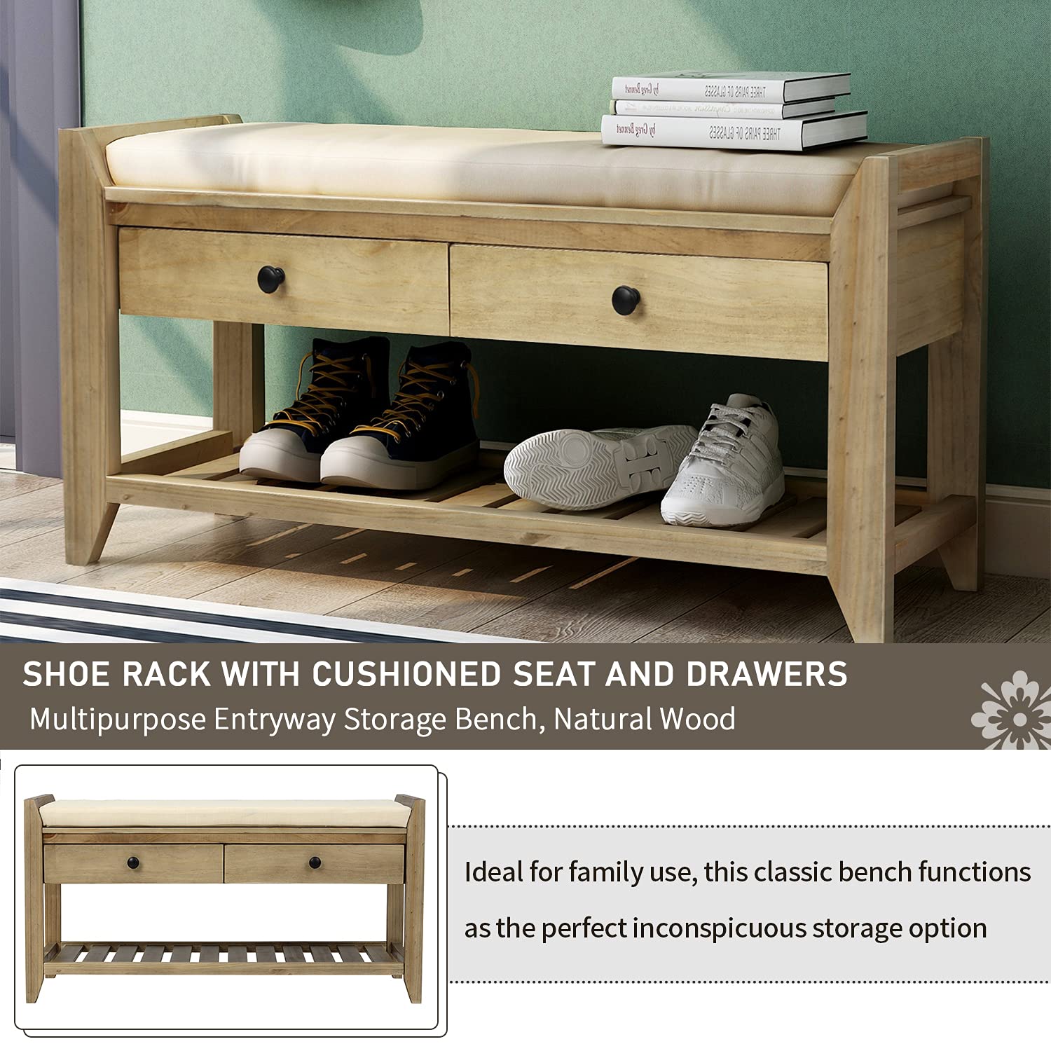 Quarte Farmhouse Shoe Bench with Cushioned Seat & Storage Drawers - Rustic Wooden Entryway Shoe Rack for Hallway, Living Room & Dining Room - Perfect for Organizing Shoes, Coats & Home Decor (Gray Wash)