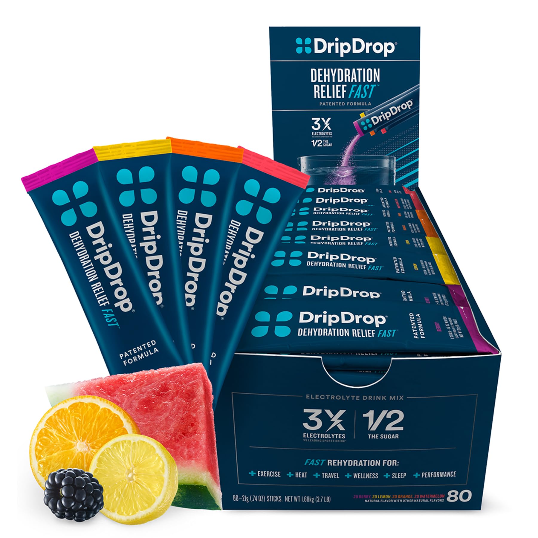 DripDrop Hydration Electrolyte Powder Packets - Bold Variety Pack (Watermelon, Berry, Lemon, Orange) | Fast-Acting Rehydration for Athletes & Outdoor Activities | Non-GMO, Gluten Free, Vegan | 80 Single-Serve Sticks for Sports, Travel & Emergency Kits