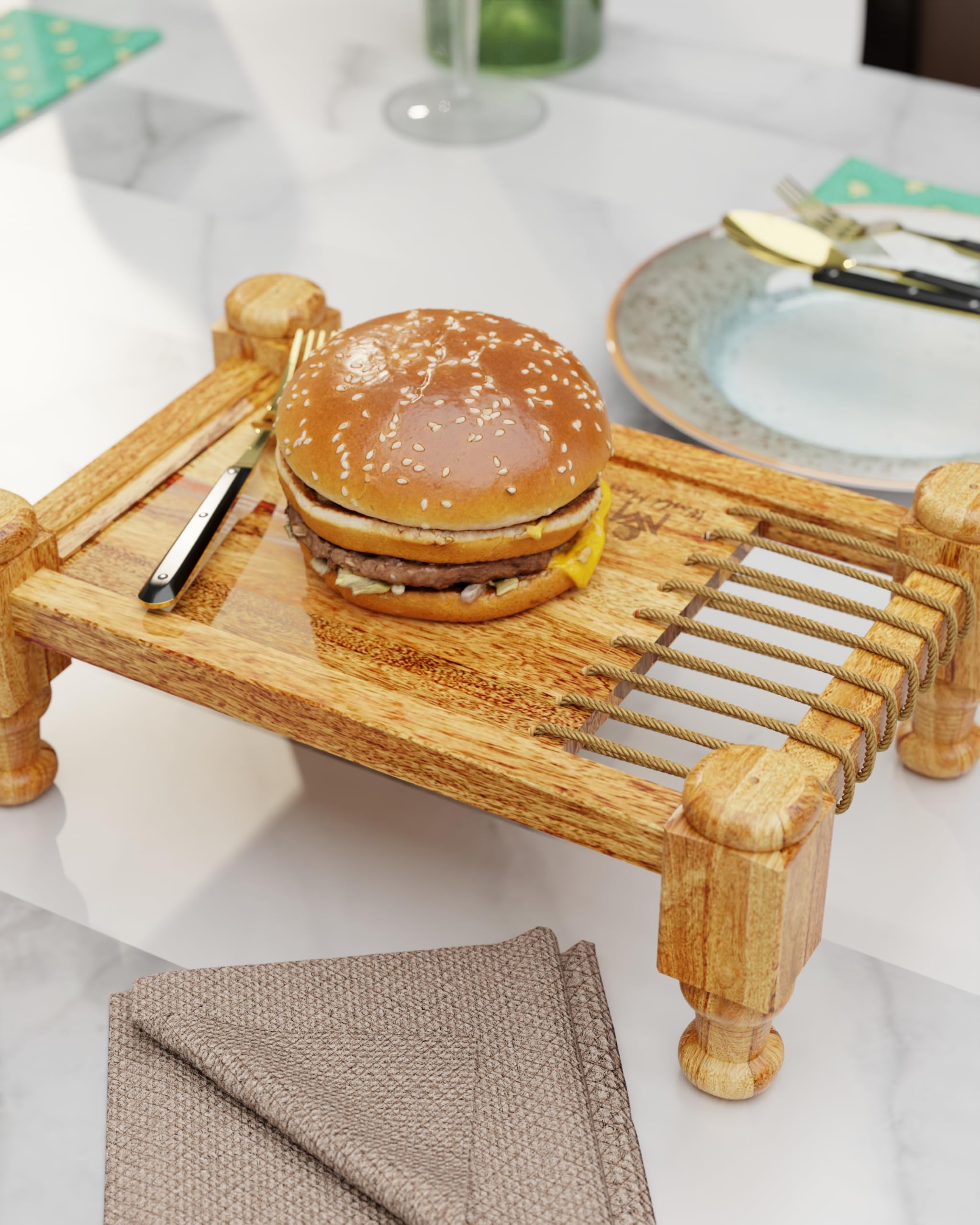 World Mart Handcrafted Charpai Design Wooden Serving Tray - 11x7 Inches Natural Finish Tea & Snack Tray - Perfect for Breakfast in Bed, Coffee Table Decor, and Outdoor Picnics