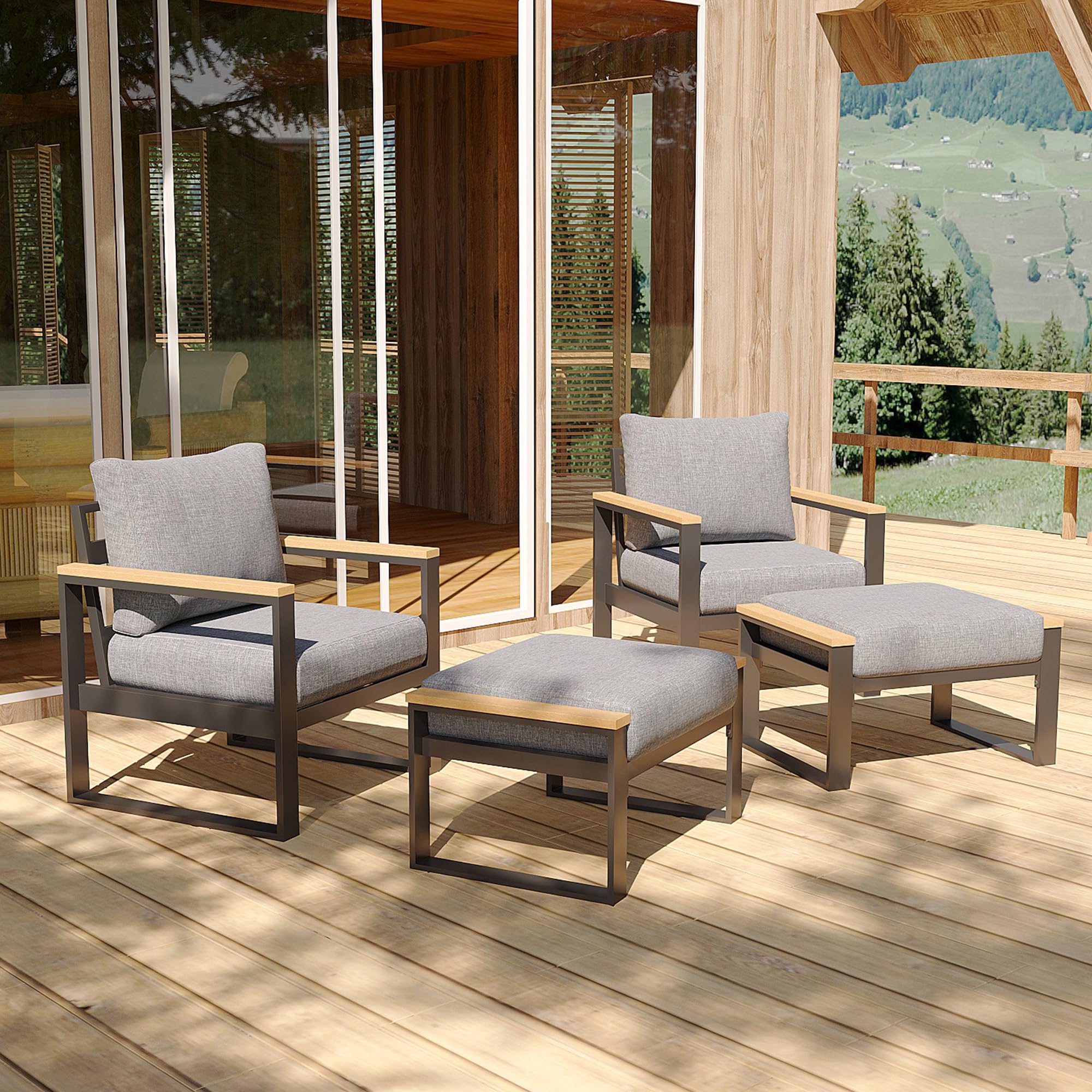 Sundale Outdoor 2-Piece Aluminum Patio Ottoman Set with Sandwich Foam Cushions - Waterproof Olefin Fabric Footstool, Small Metal Outdoor Chairs for Deck, Backyard, Porch, Garden - Perfect for Relaxing & Lounging (Grey)