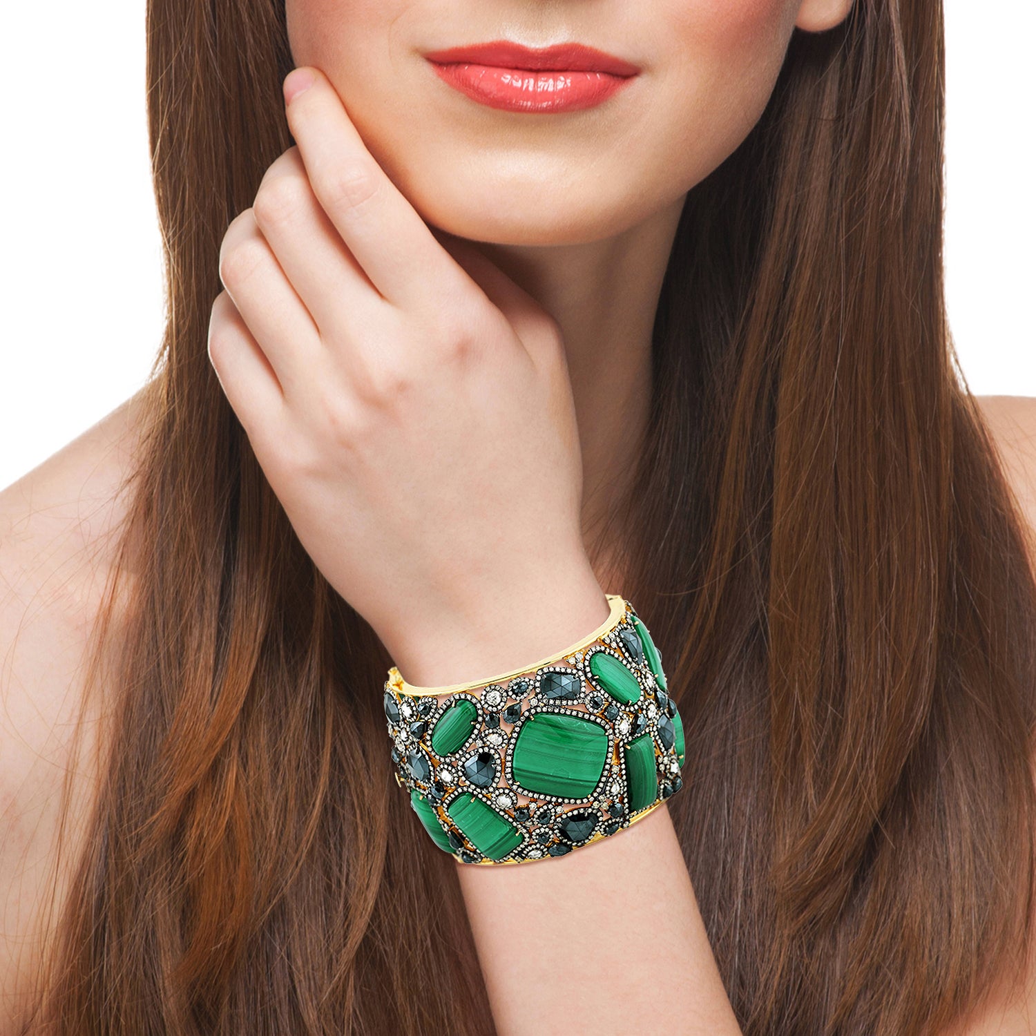 18K Solid Gold & 925 Silver Prong Malachite Spinel Sapphire Pave Diamond Wedding Bangle Bracelet for Women - Elegant Bridal Jewelry, Anniversary Gift, Special Occasion Accessory