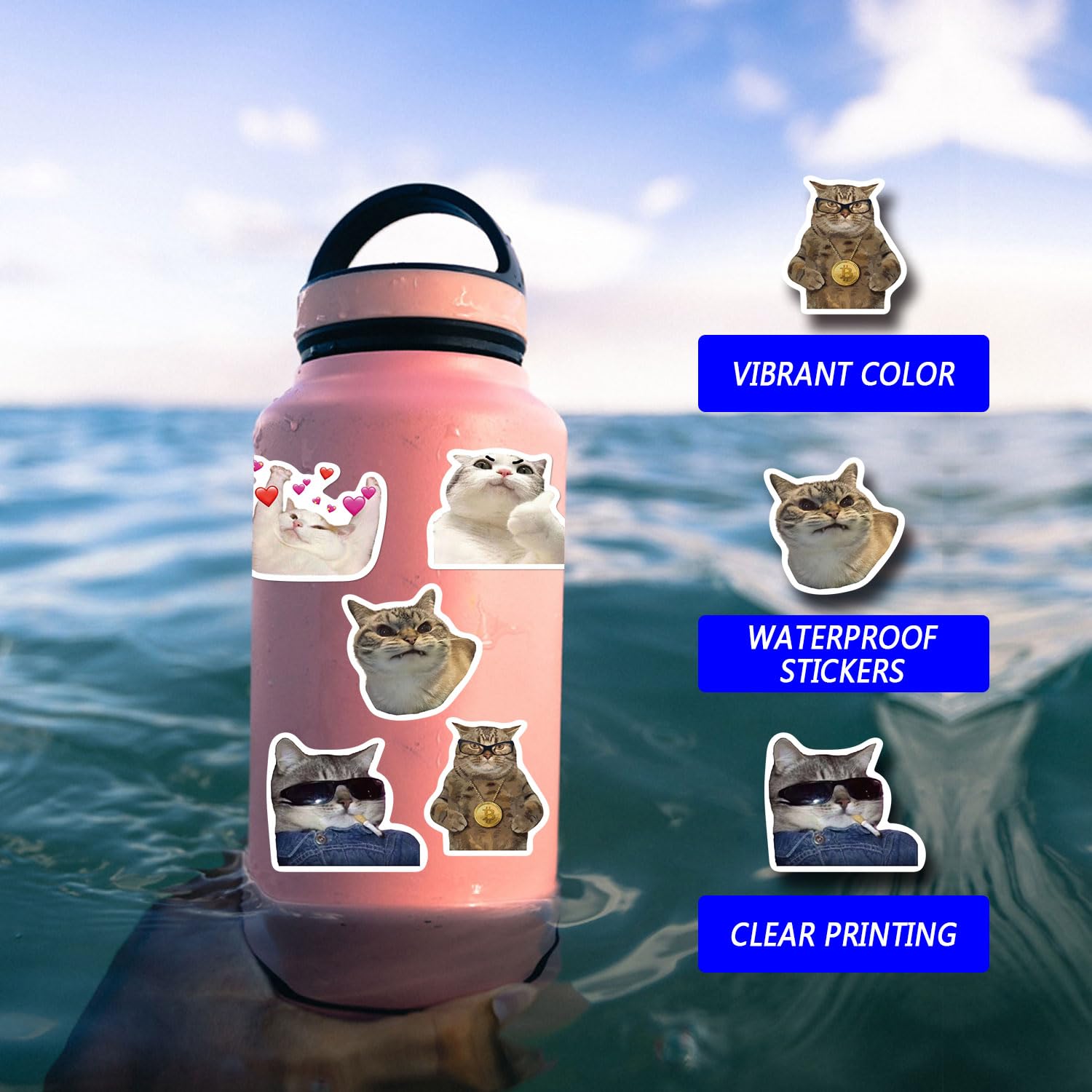 100pcs Kawaii Cat Meme Stickers - Funny Crying Cat & Sad Cat Meme Vinyl Waterproof Decals - Aesthetic Stickers for Water Bottle, Laptop, Skateboard, Phone, Guitar - Perfect for DIY Crafts, School Supplies & Gift Giving