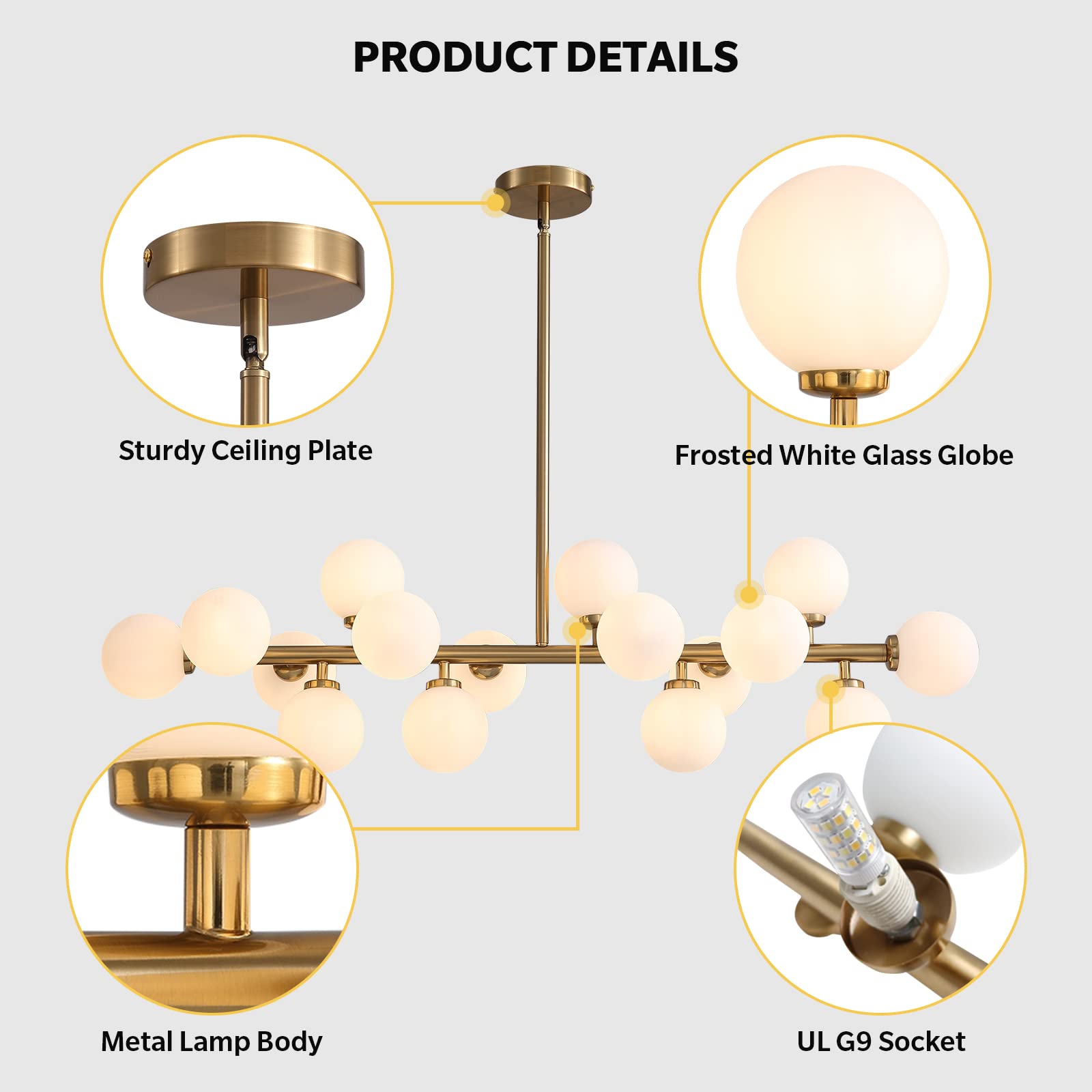 Mid Century Modern Gold Dining Room Chandelier - 16-Light Linear Pendant Lighting with White Glass Globe Shades for Kitchen Island, Dining Table & Living Room | Elegant Vintage Ceiling Light Fixture