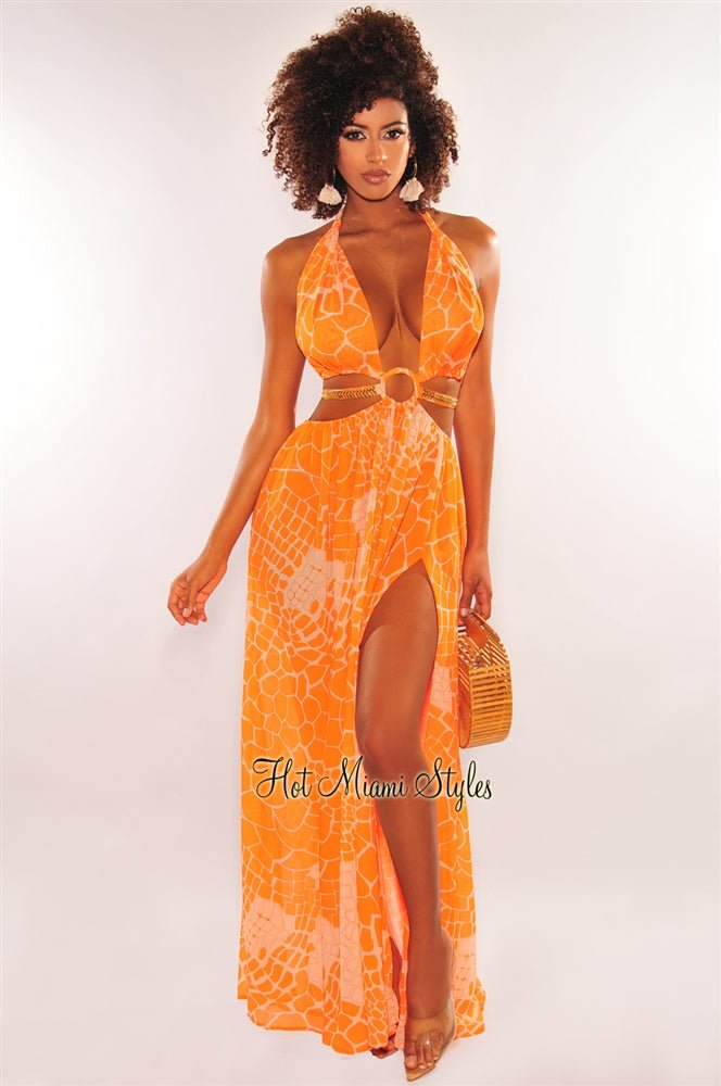 Stylish Tangerine Print O-Ring Cut-Out Gold Belted Double Slit Maxi Dress for Women | Summer Beach Party & Evening Cocktail Dress