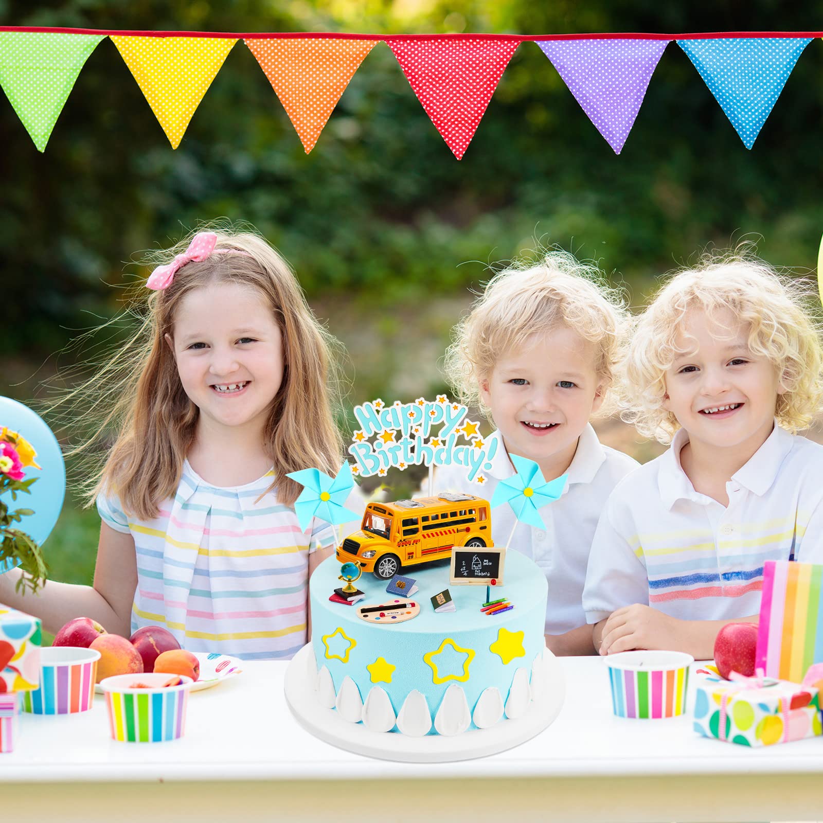 School Bus Cake Topper Set - Back to School Star Pen, Blackboard & Book Decorations - Blue Windmill Cake Toppers for Birthday Party Theme - Perfect for Classroom Celebrations & Kids Birthday Cakes