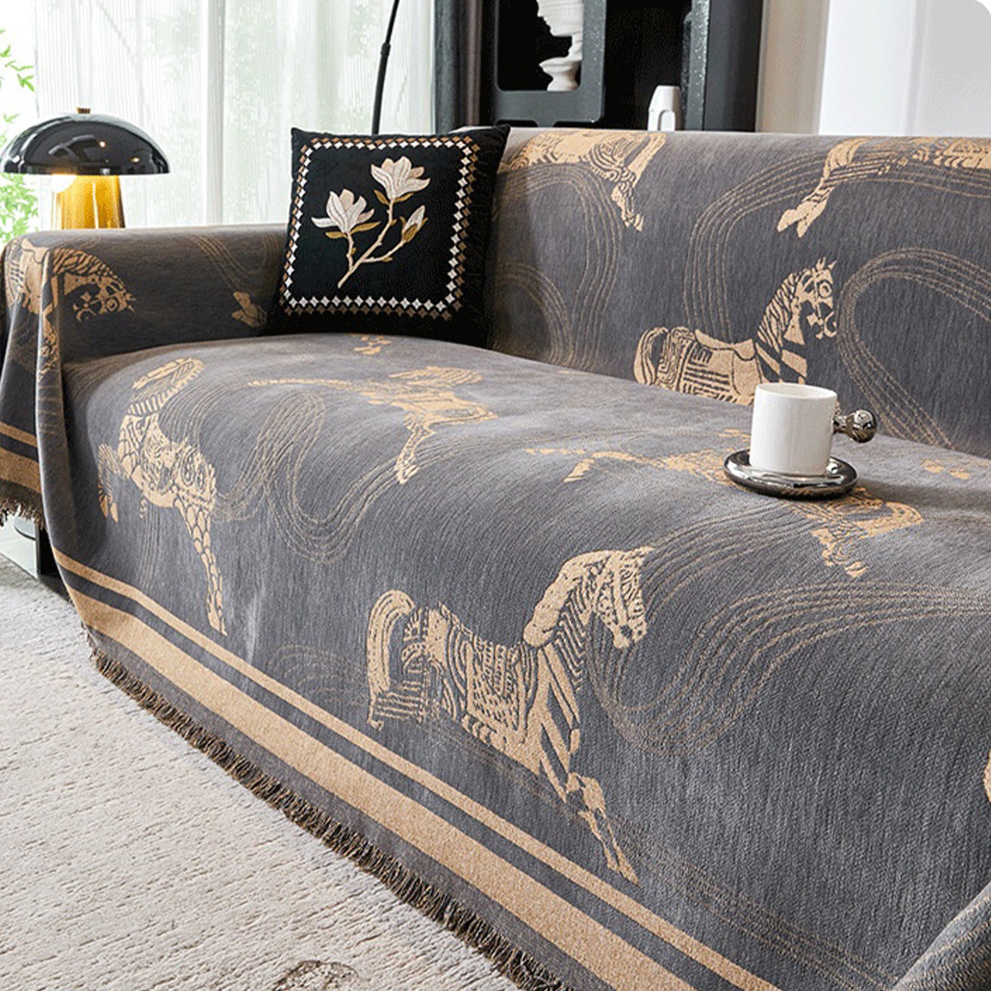 Regal Horse Patterned Sofa Cover - Elegant Stretchable Couch Slipcover for Living Room, Home Decor - Perfect for Pet Owners & Farmhouse Style Decor