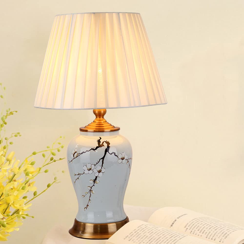 Handmade Cyan Glazed Ceramic Table Lamp - Jingdezhen Porcelain Bedside Lamp for Bedroom, Mid Century Modern Home Office & Nightstand Decor with Fabric Lampshade | Perfect for Reading Nook, Living Room Accent & Cozy Bedside Lighting