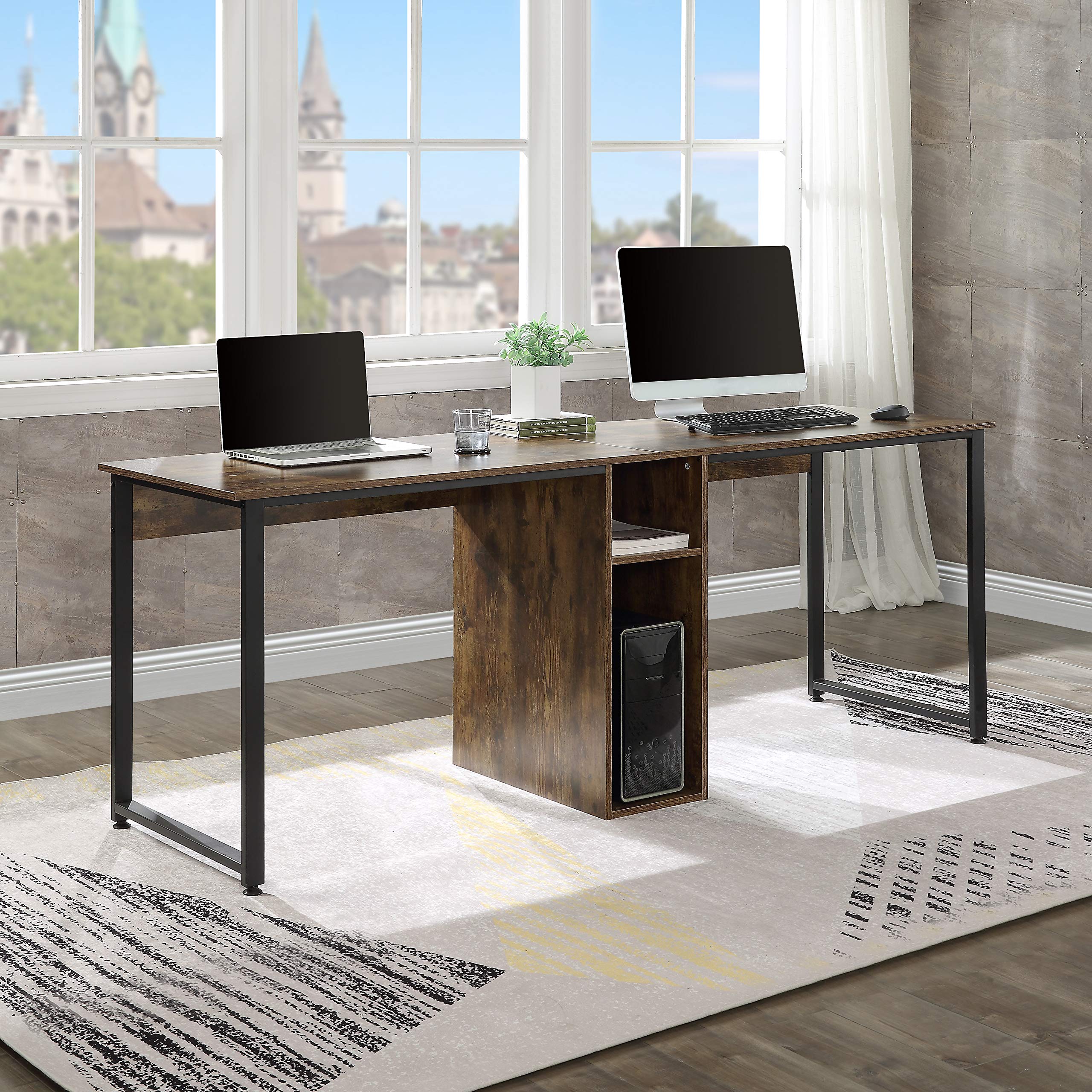 Two Person Desk - Double Computer Desk with Storage Shelves & Writing Table for Home Office - White & Brown - Perfect for Shared Workspaces & Small Offices
