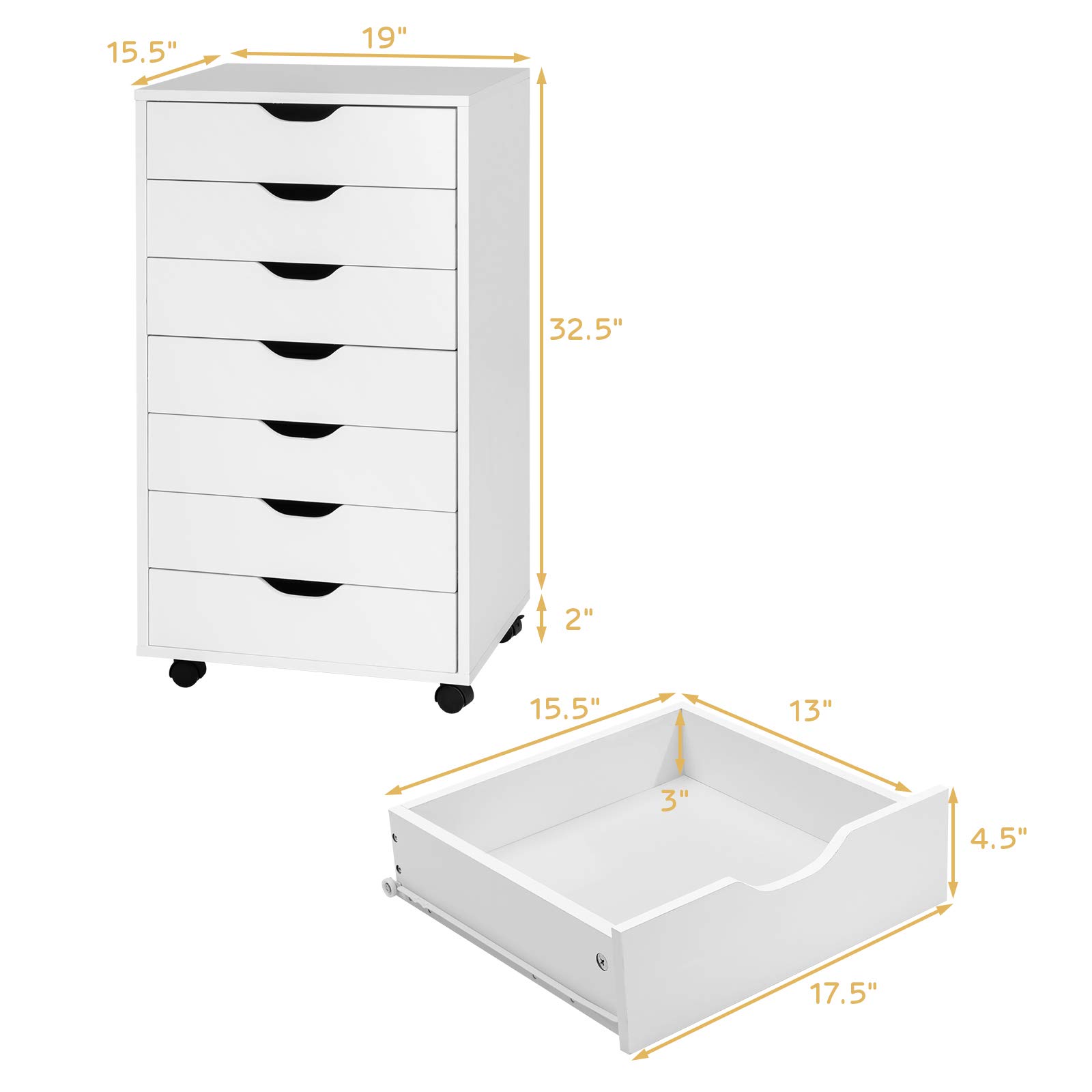 Giantex 7-Drawer Mobile File Cabinet with Wheels - White Lateral Storage Organizer for Home & Office (19”x15.5”x34.5”) - Perfect for Document Storage, Office Supplies & Craft Organization