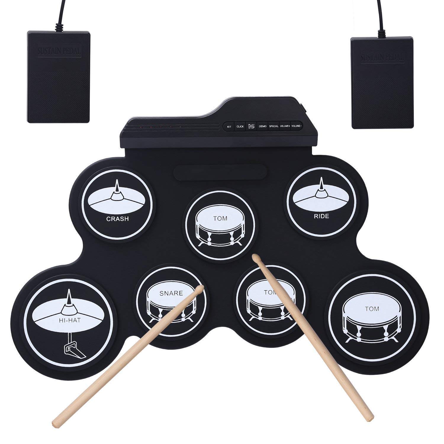 Lzour Roll Up Electronic Drum Kit - Foldable Portable Drum Set with 2 Foot Pedals & 2 Drum Sticks - Perfect for Kids, Beginners & Home Practice - Great for Music Learning, Indoor Entertainment & Travel Use