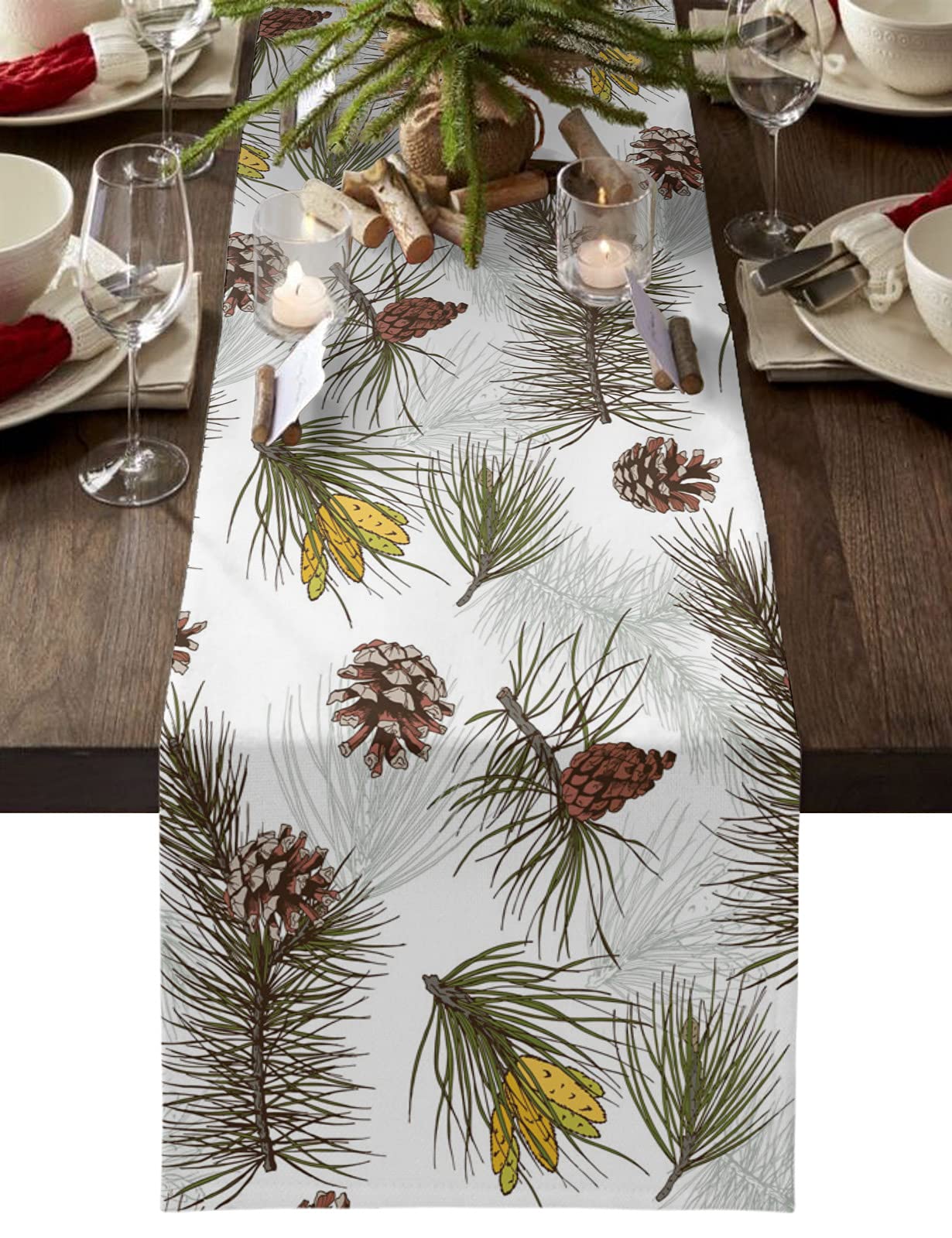 Christmas Pine Cone & Pine Twigs Table Runner - 14x72 Inch Rustic Holiday Table Decor for Kitchen, Dining Room, Indoor & Outdoor Party Decorations - Perfect for Christmas Dinner, Holiday Gatherings & Festive Home Styling