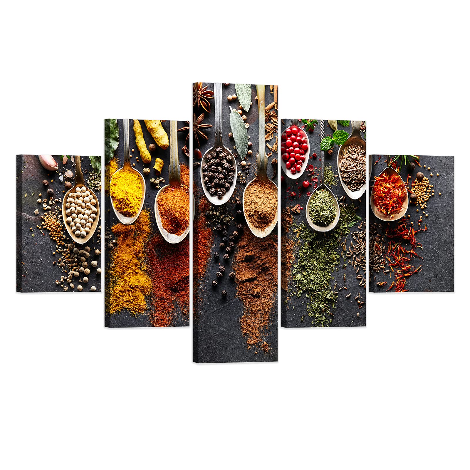 5-Piece Vintage Kitchen Spice Wall Art Set - Framed Canvas Print of Herb Spoon Illustrations - Perfect Gift for Chefs & Restaurant Decor - Ready to Hang (60
