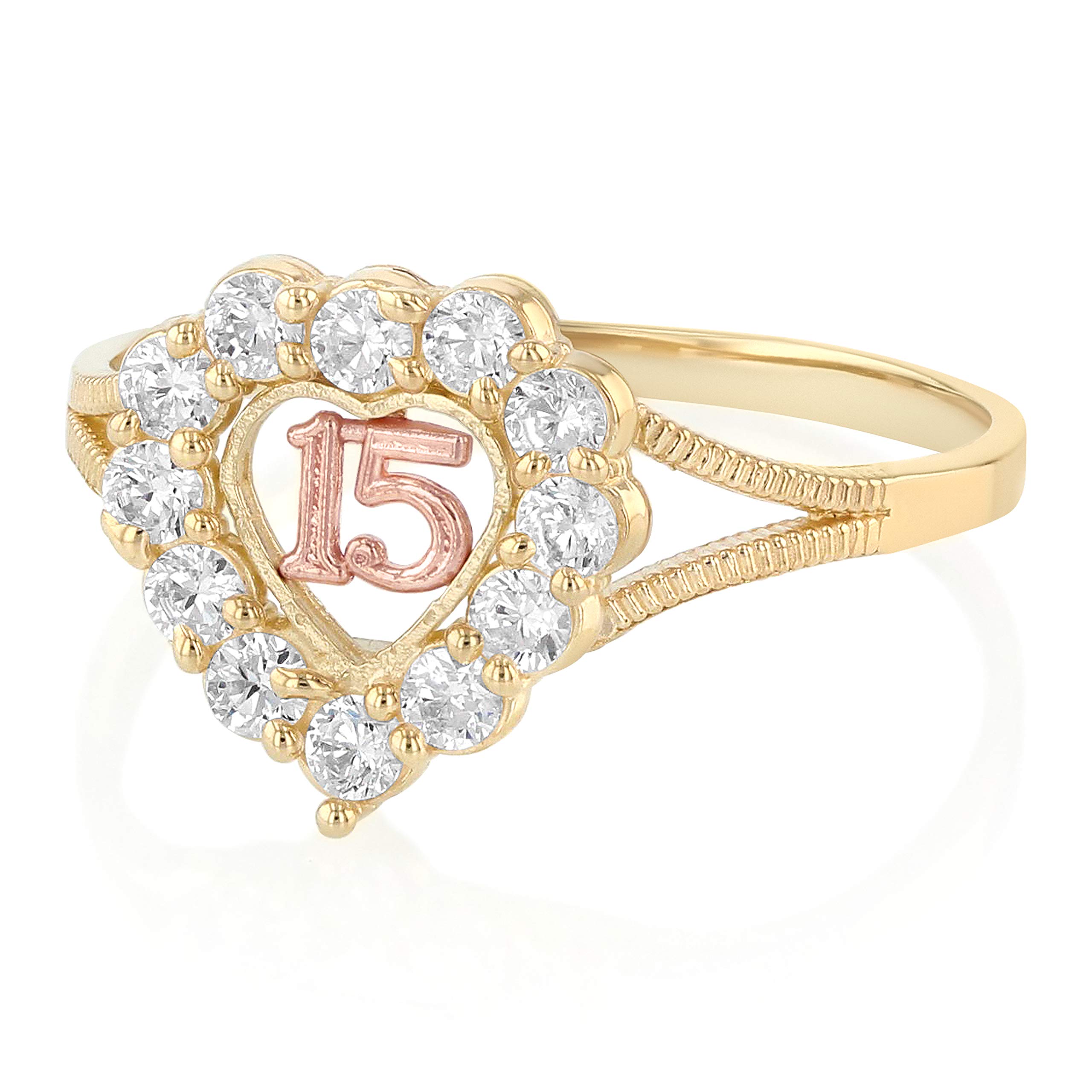 14K Solid Tri-Color Gold Sweet 15 Anos Birthday Ring - Heart Cut Cubic Zirconia Quinceanera Jewelry for 15th Birthday Celebration & Special Occasions
