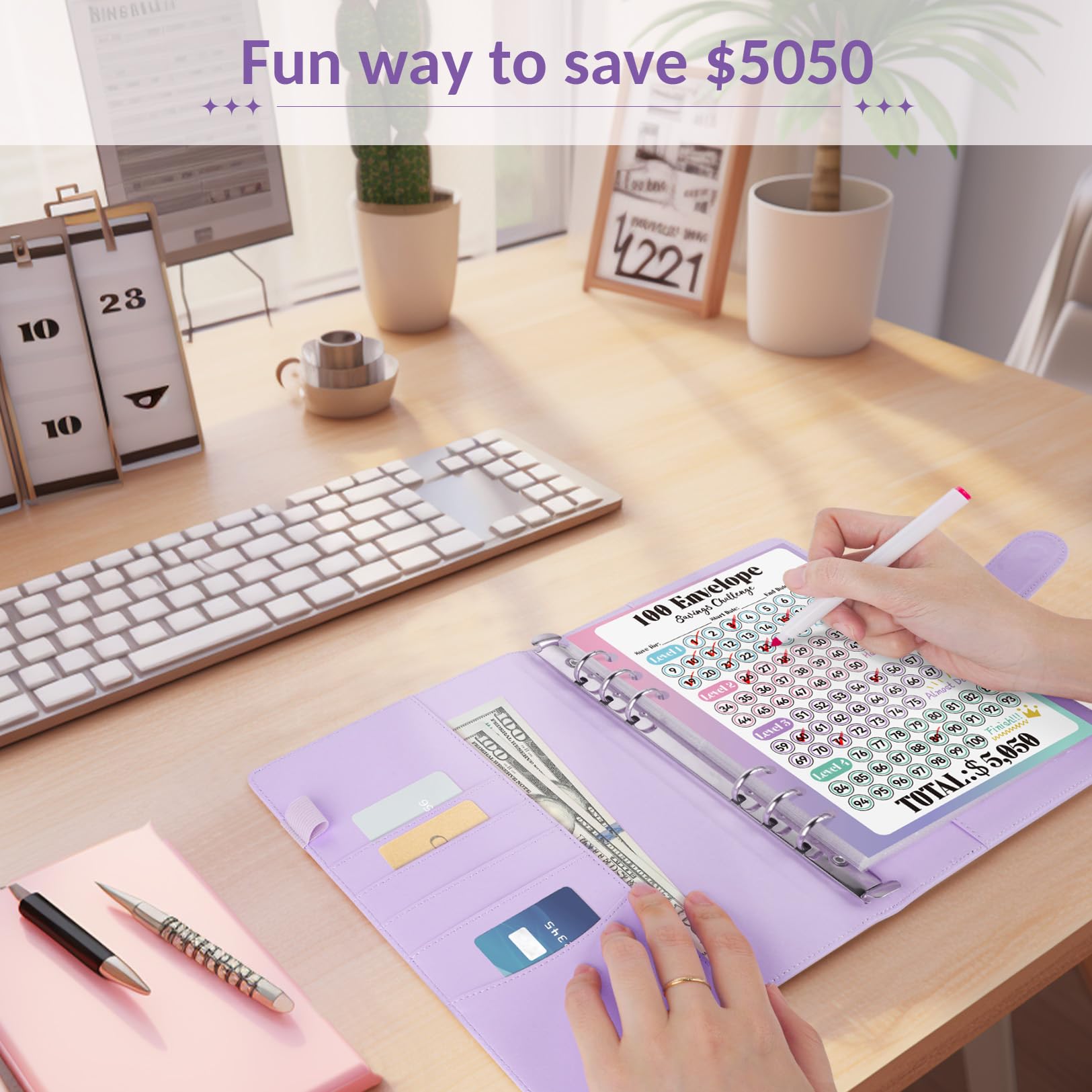 Sooez 100 Envelopes Money Saving Challenge Kit - $5050 Savings Tracker with Pre-Numbered Purple Binder & Motivational Guide | Budgeting Tool for Cash Envelope System, Emergency Fund, or Vacation Savings