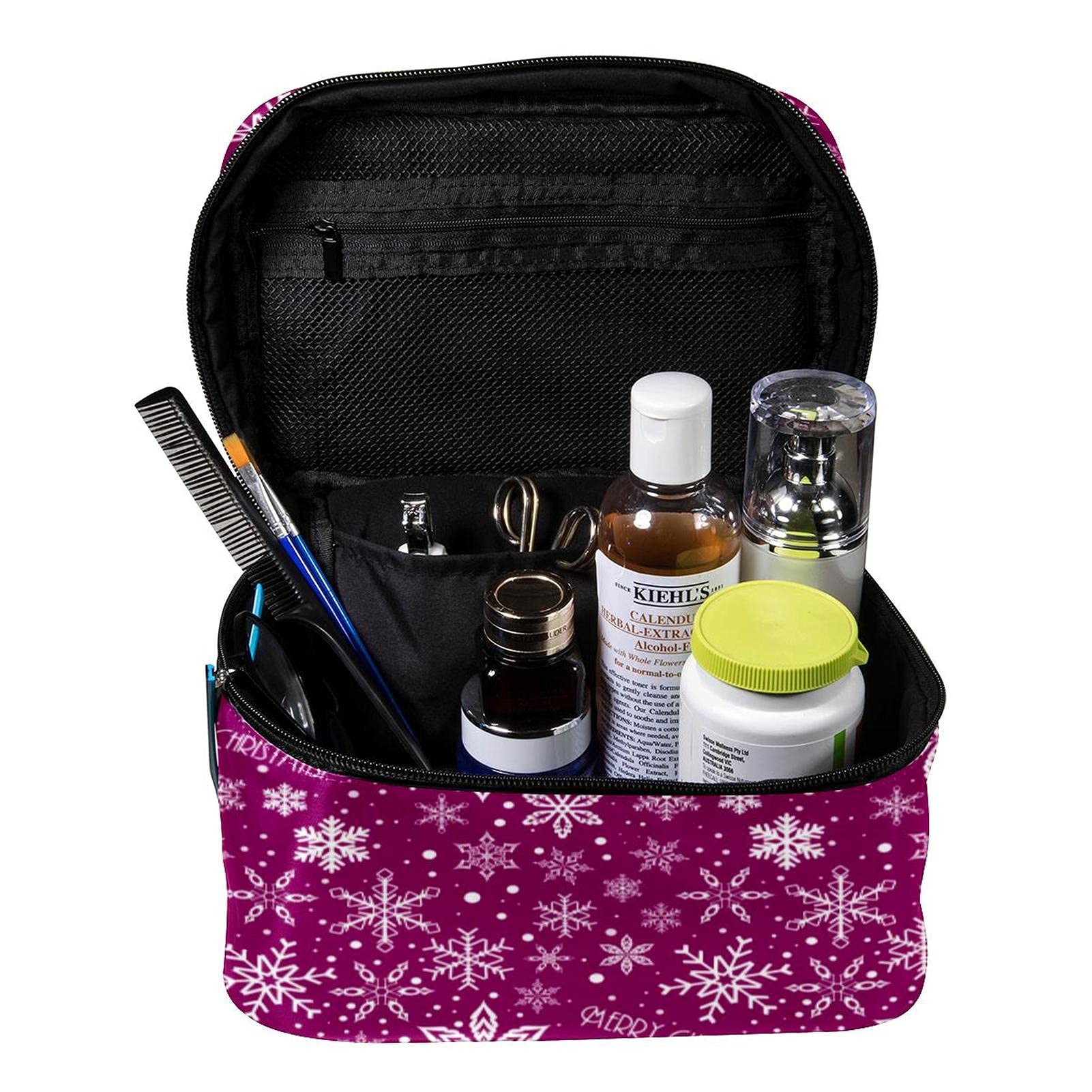 Purple Merry Christmas Snowflakes Travel Makeup Bag - Large Cosmetic Organizer with Zipper for Women & Girls | Perfect for Holiday Gifts, Travel Essentials & Toiletry Storage