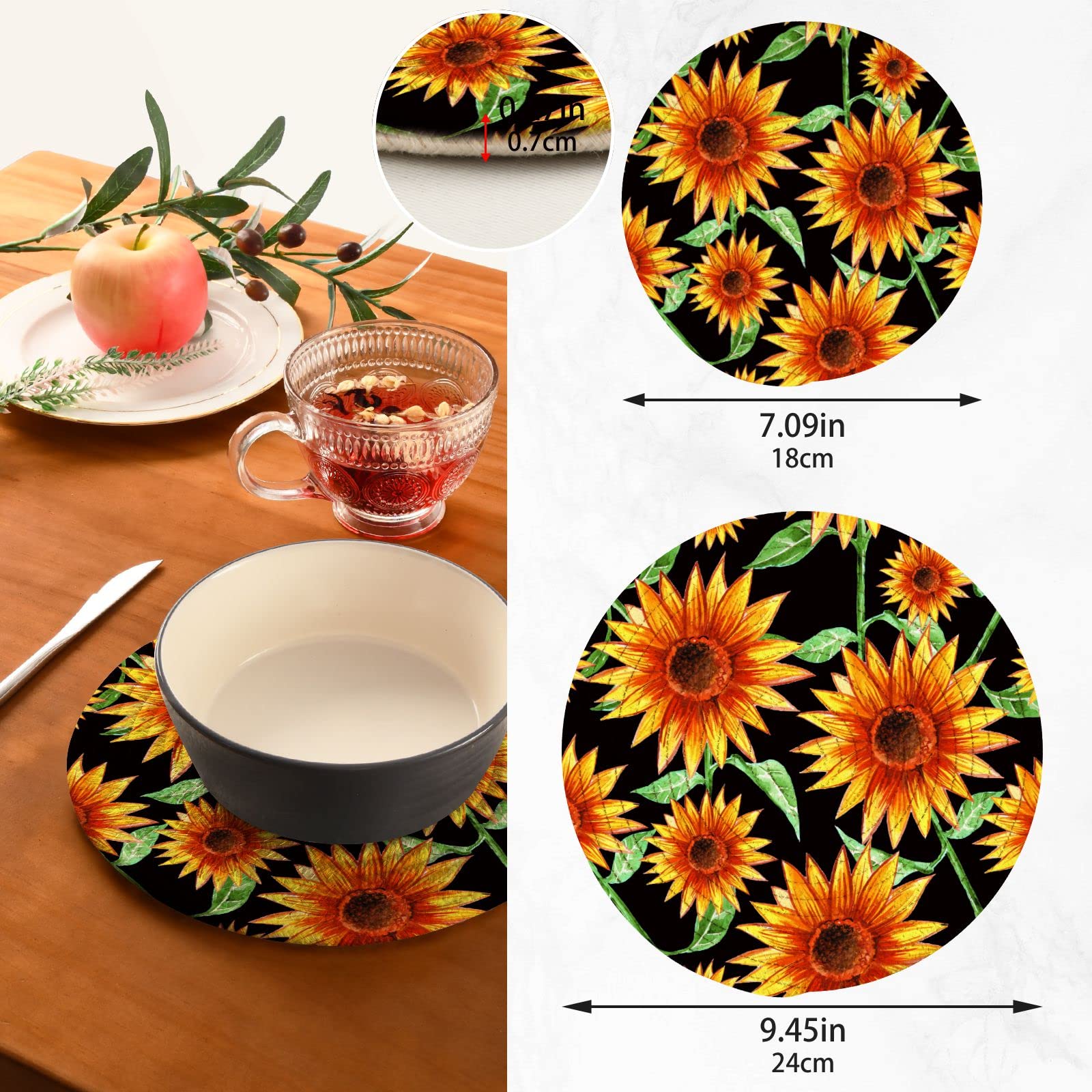 Floral Sunflower Trivets Set of 2 - Heat Resistant Hot Pads for Kitchen Pots & Pans - Perfect for Dining & Countertop Decor
