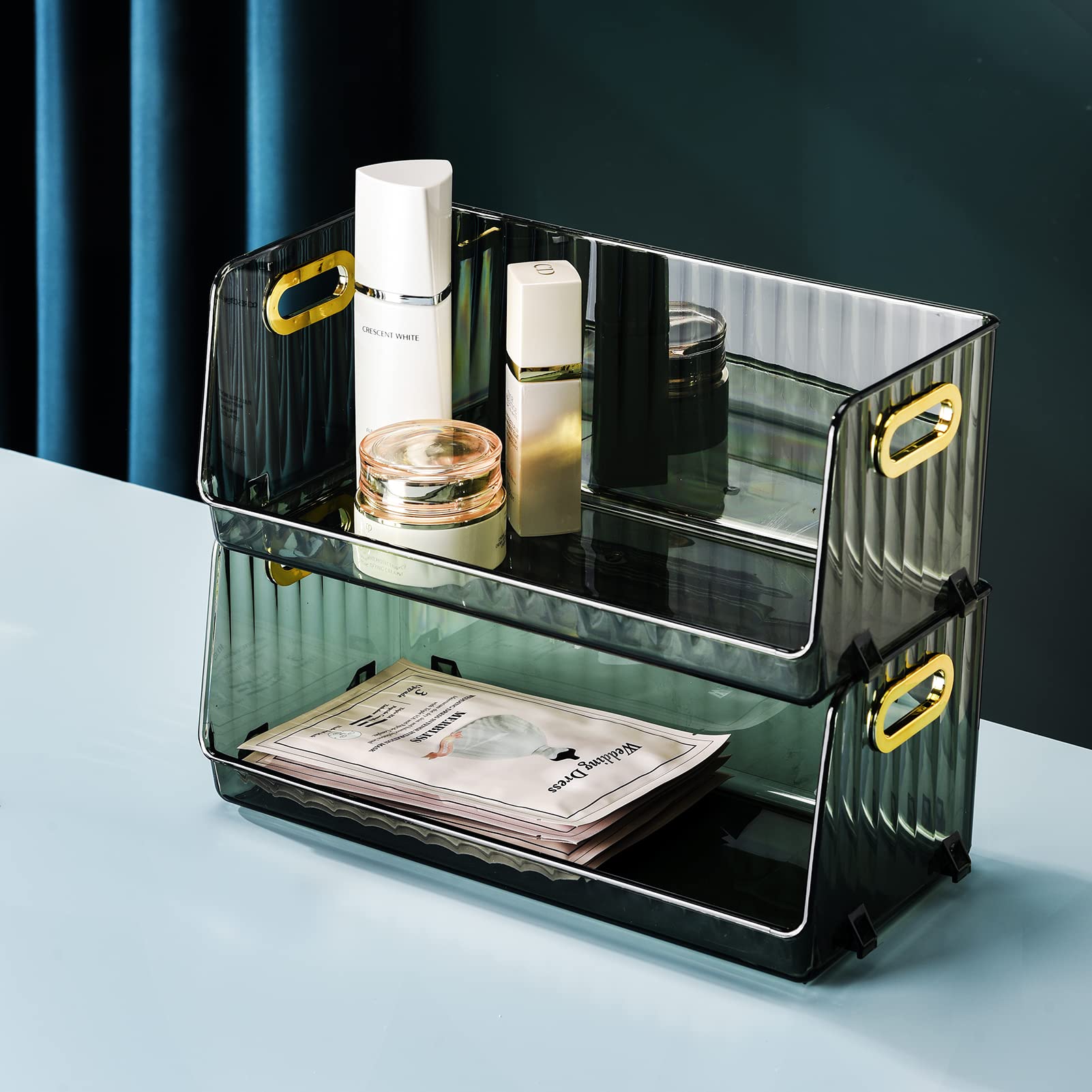StarratS Cosmetics Makeup Organizer - Large Clear Green Vanity Organizer (2 Pack) for Facial Masks, Skincare & Beauty Products - Perfect for Bathroom Counter, Dresser Top & Beauty Salon Display