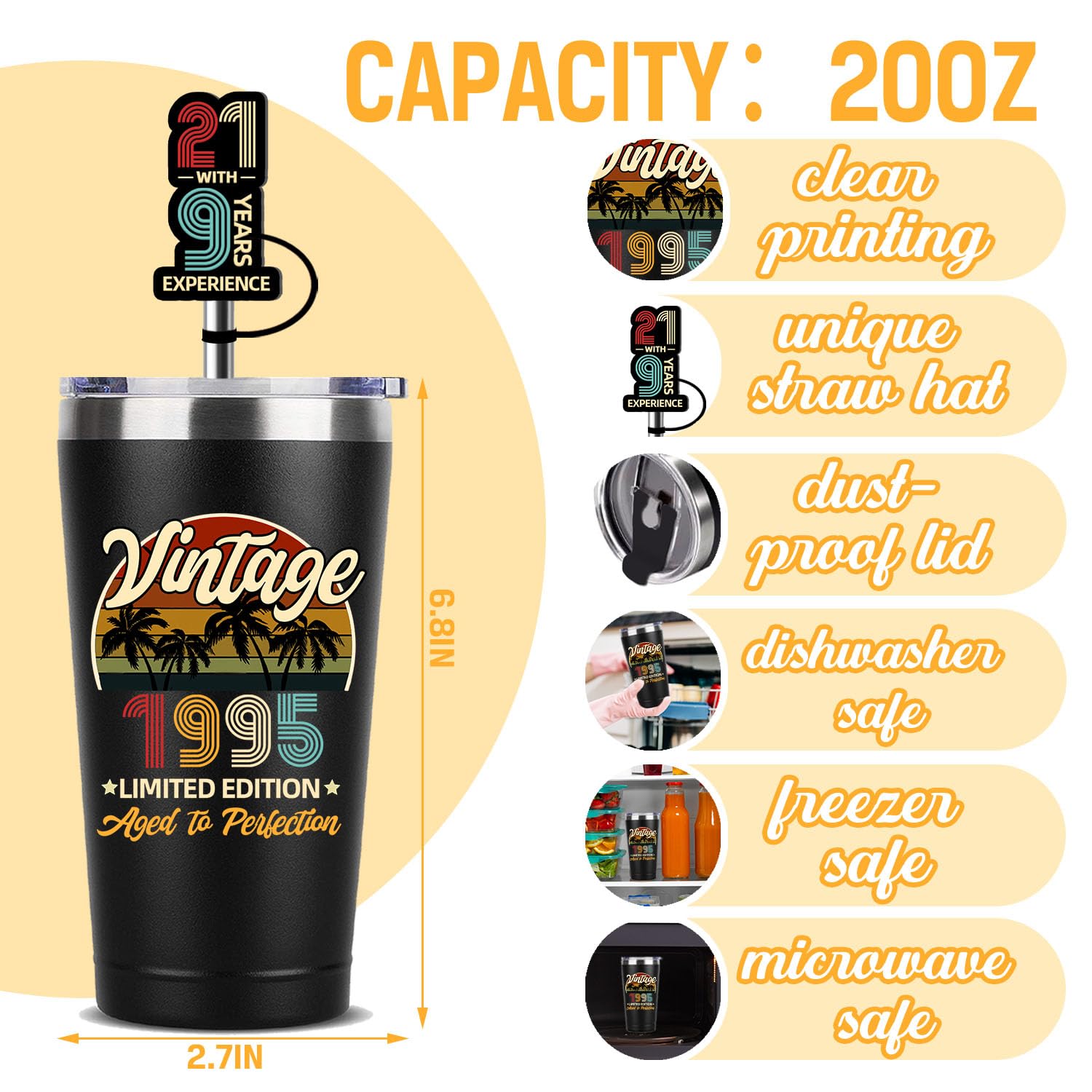 Vintage 30th Birthday Thermos Cup 20oz - Funny 1995 Themed Gift for Men & Women - Insulated Travel Mug with Brush Straw & Straw Cap - Perfect for Office, Gym & 30th Birthday Parties