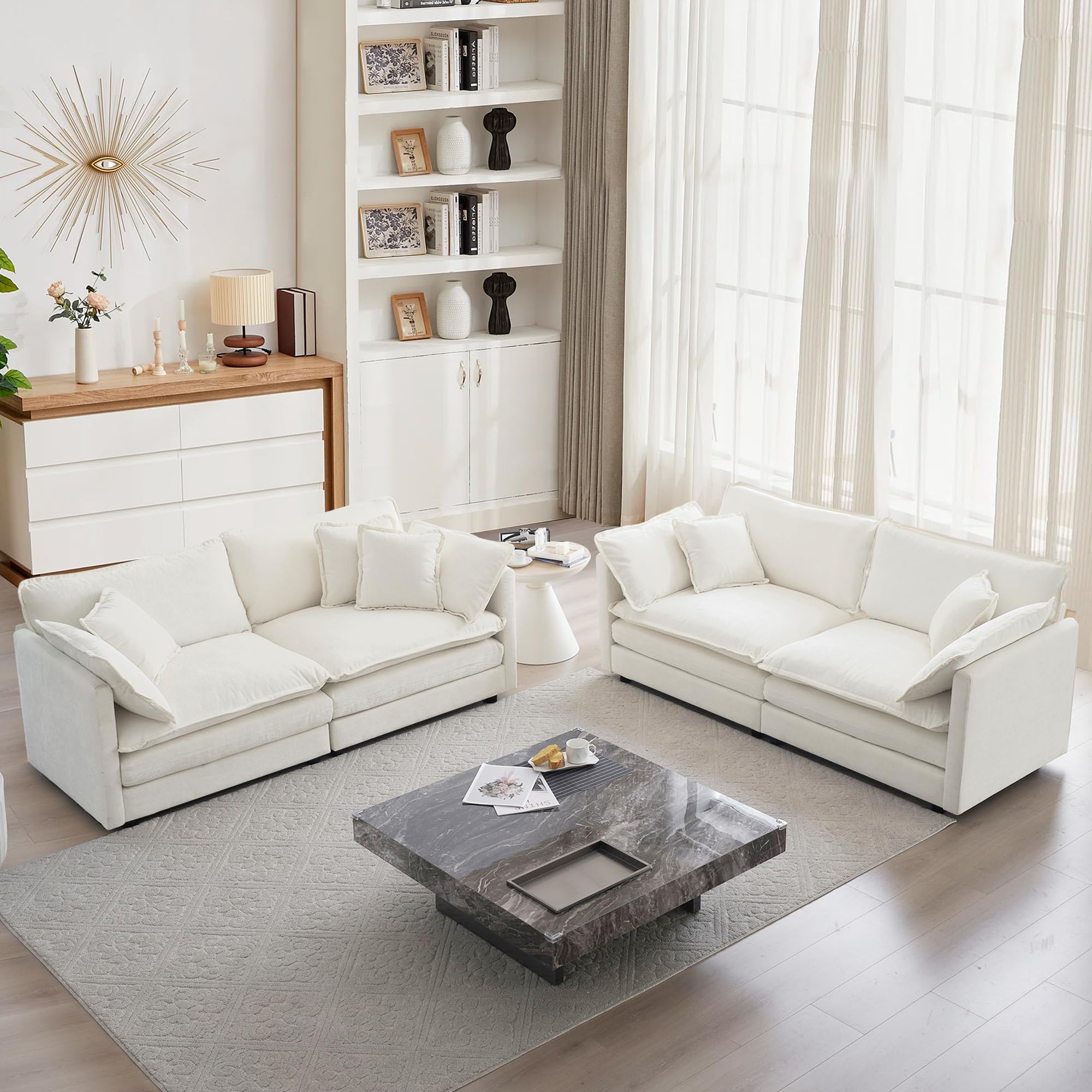 mikibama Luxury 2-Piece Sofa Set - Modern Chenille Cloud Couches with 8 Pillows (4 Armrest + 4 Toss) for Living Room & Office - Ultra Comfortable Loveseat Set in Beige | Perfect for Small Spaces, Apartments, and Cozy Home Decor