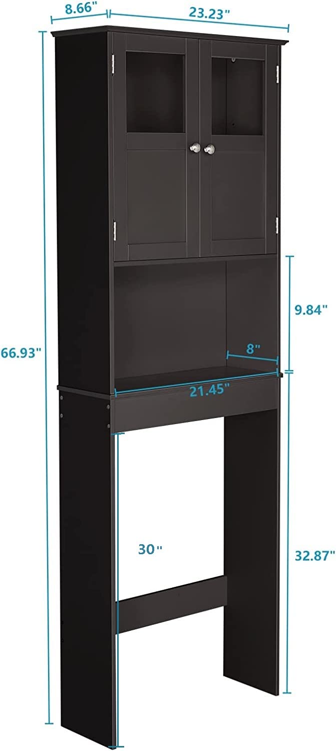 Bonnlo Over The Toilet Storage Cabinet - Freestanding Bathroom Organizer with Double Door Glass Window & Adjustable Shelves - Space Saving Towel Shelf for Toilet Paper, Cosmetics & Bath Essentials (Brown) - Perfect for Small Bathrooms, Apartments & Powder Rooms