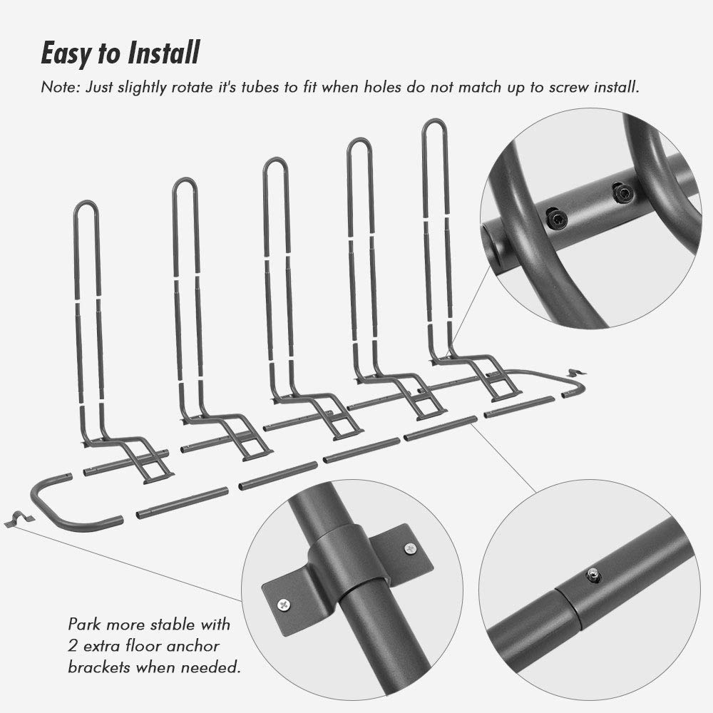 **Ikkle Bike Parking Stand - Heavy Duty Adjustable Bicycle Rack for 5 Bikes, Dual Purpose Garage Storage Holder with 2 Extra Floor Anchor Brackets - Indoor & Outdoor Use for Home, Apartment, or Commercial Spaces**