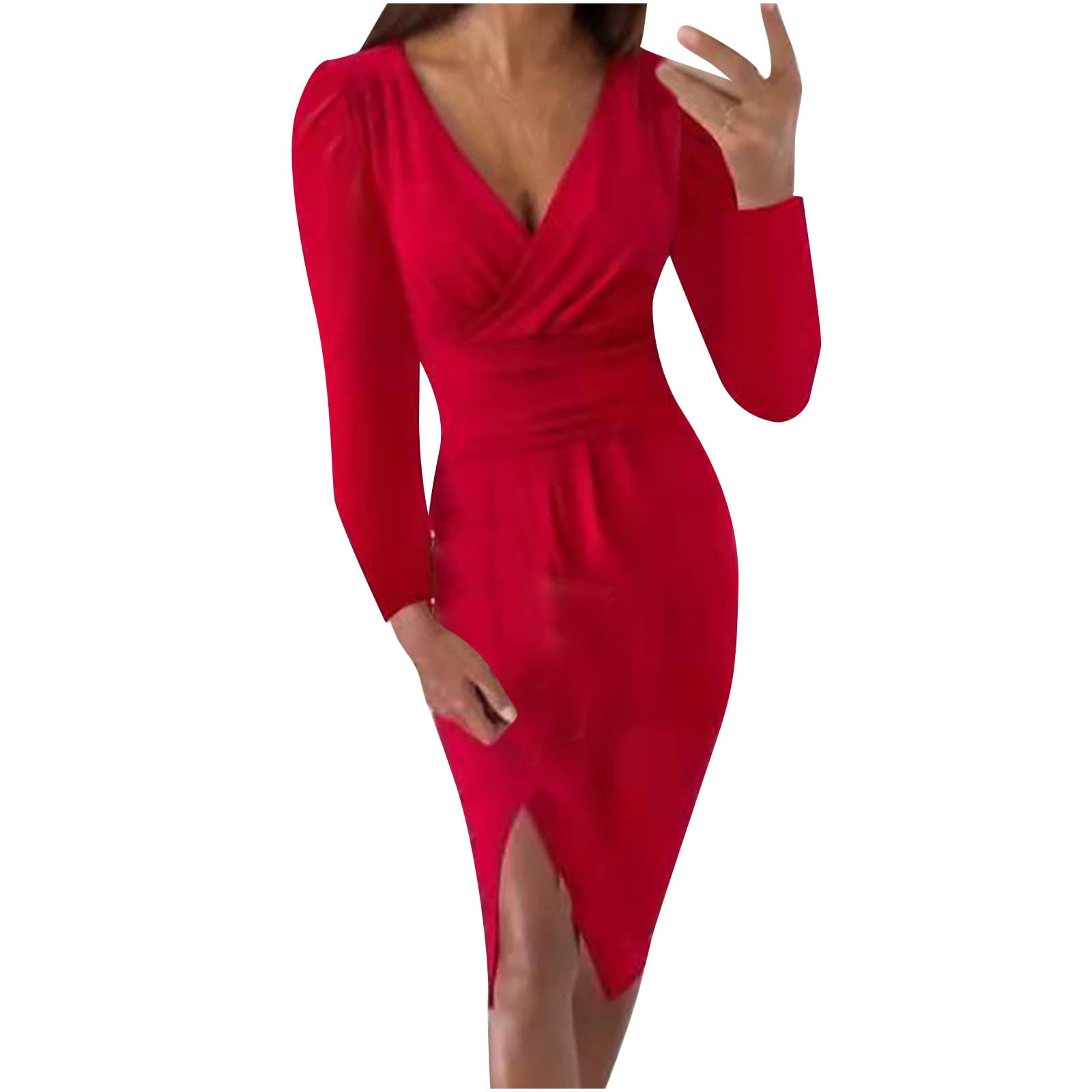 Sexy Women's Summer & Fall Slit Dress - Pleated Ruched Pencil Tunic Midi Dress for Date Night, Party & Formal Occasions | Perfect for Cocktail Events, Evening Outfits & Special Occasions