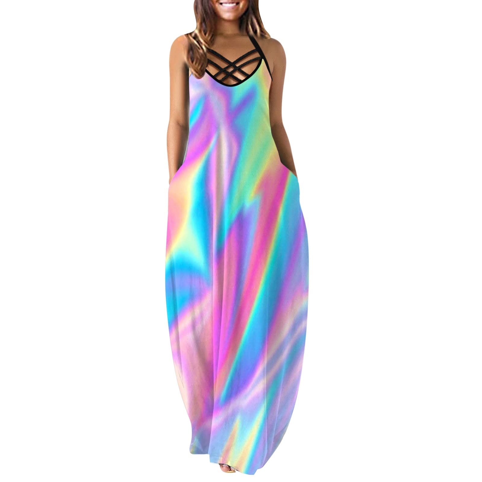KUDICO Women's Long Summer Dresses 2022 - Elegant Wedding Guest Cami Dress, Sleeveless V-Neck Loose Fit Maxi Dress for Casual Outings, Beach Vacations & Special Occasions