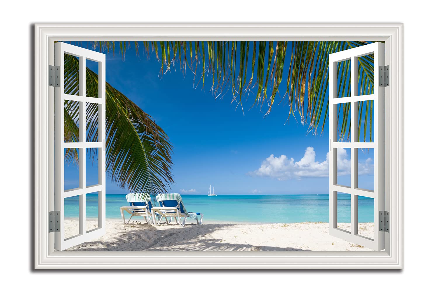 Tropical Beach Wall Art - Window Frame Style Canvas Print with Palm Tree & Blue Ocean - Coastal Decor for Living Room, Bedroom, Home - Perfect for Beach House, Vacation Rental & Coastal Theme Interior Design