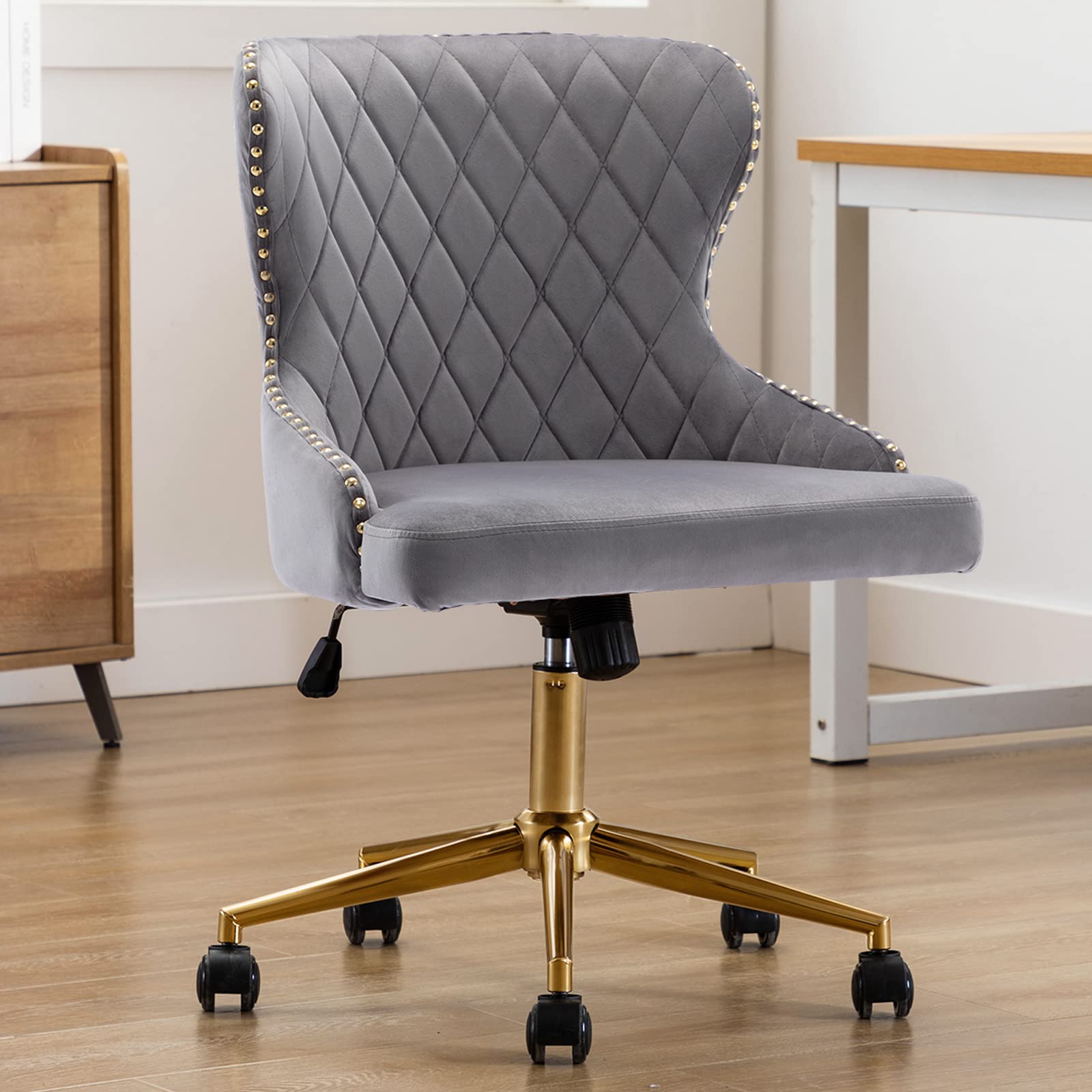 Duhome Modern Home Office Chair - Mid Back Ergonomic Desk Chair with Gold Base, Height Adjustable, Grey - Perfect for Home Office, Study & Workspace