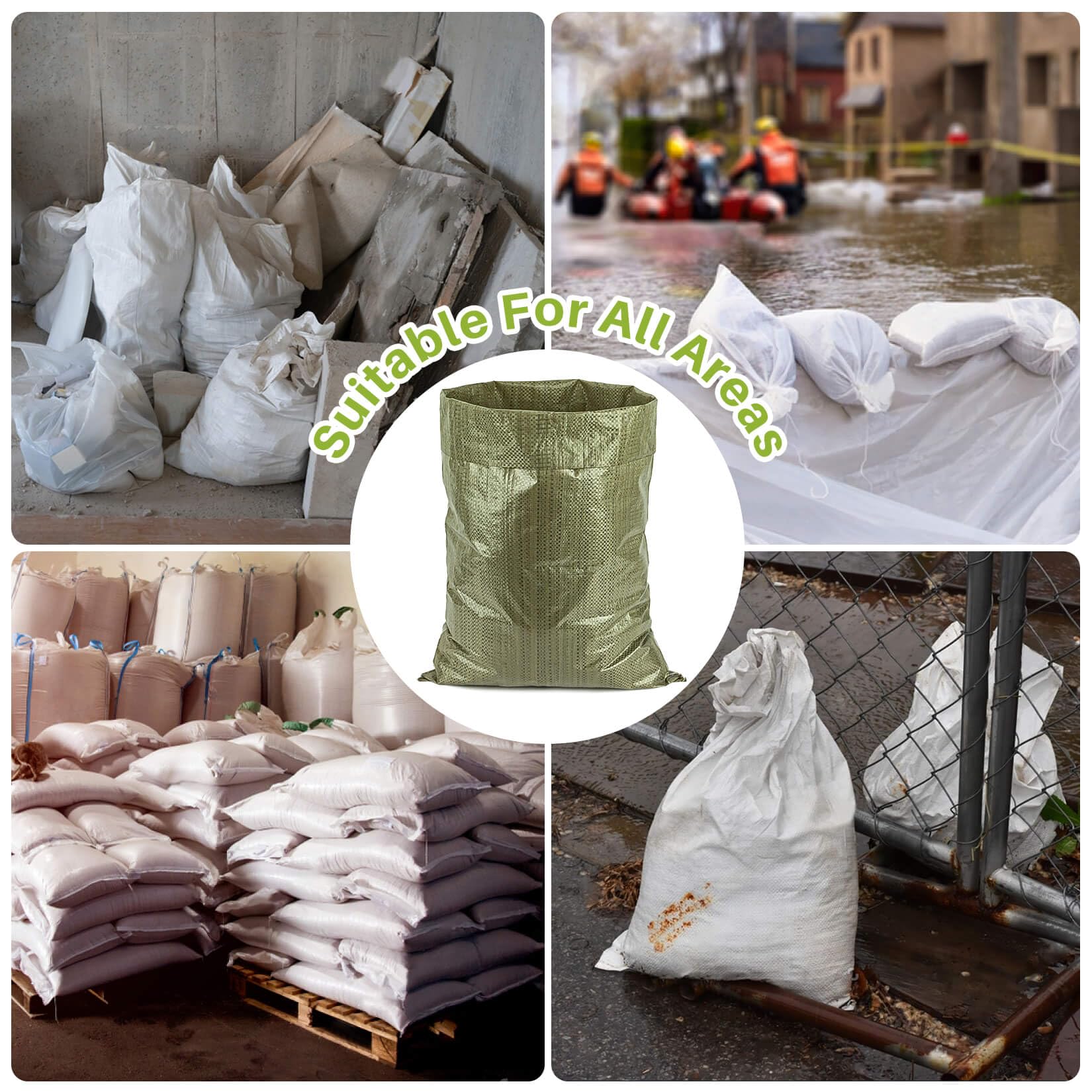 10PCS Heavy Duty Green Woven Polypropylene Sand Bags - Tear Resistant Empty Sandbags for Hurricane Protection, Flood Control, Construction Projects & Dry Material Storage | Emergency Preparedness, Garden Use & DIY Projects
