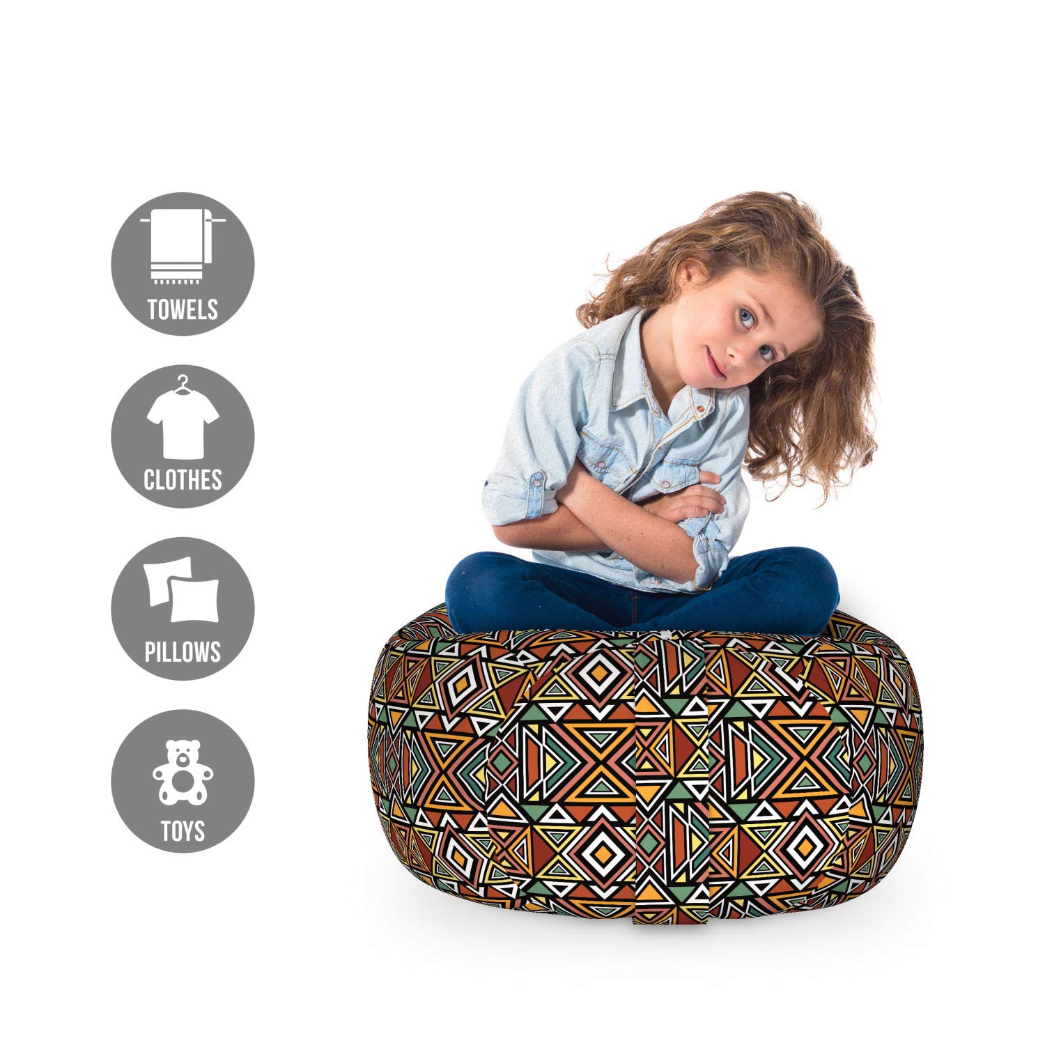 Ambesonne Aztec Storage Toy Bag Chair - Boho Tribal Triangle Design, Washable Stuffed Animal Organizer, Small Multicolor - Perfect for Kids' Room, Playroom, and Nursery Storage