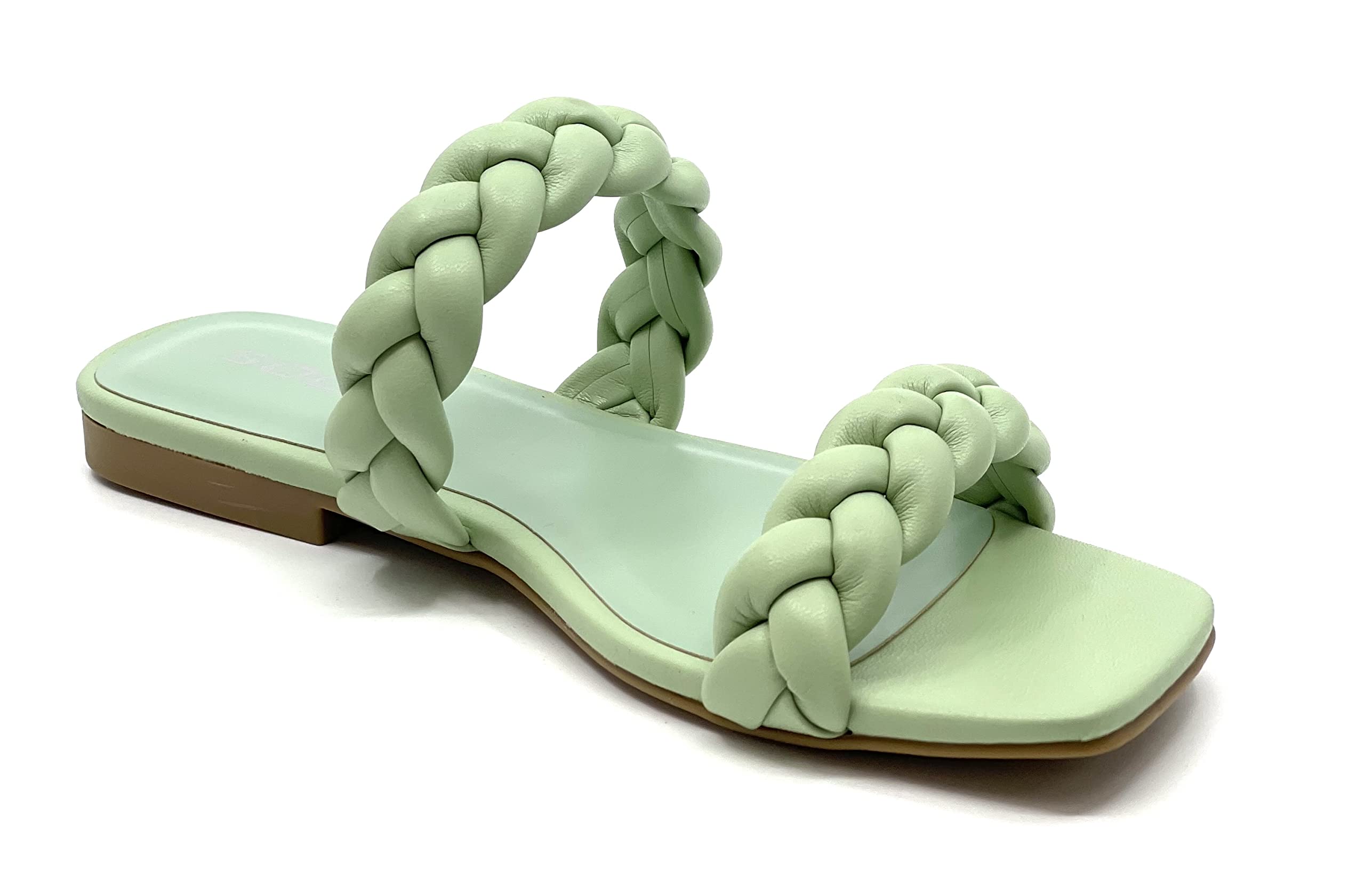Women's Braided Strap Square Toe Flat Sandals - Open Toe Slip-On Slides with Woven Design in Light Green (Size 6) | Perfect for Beach, Vacation & Summer Casual Wear