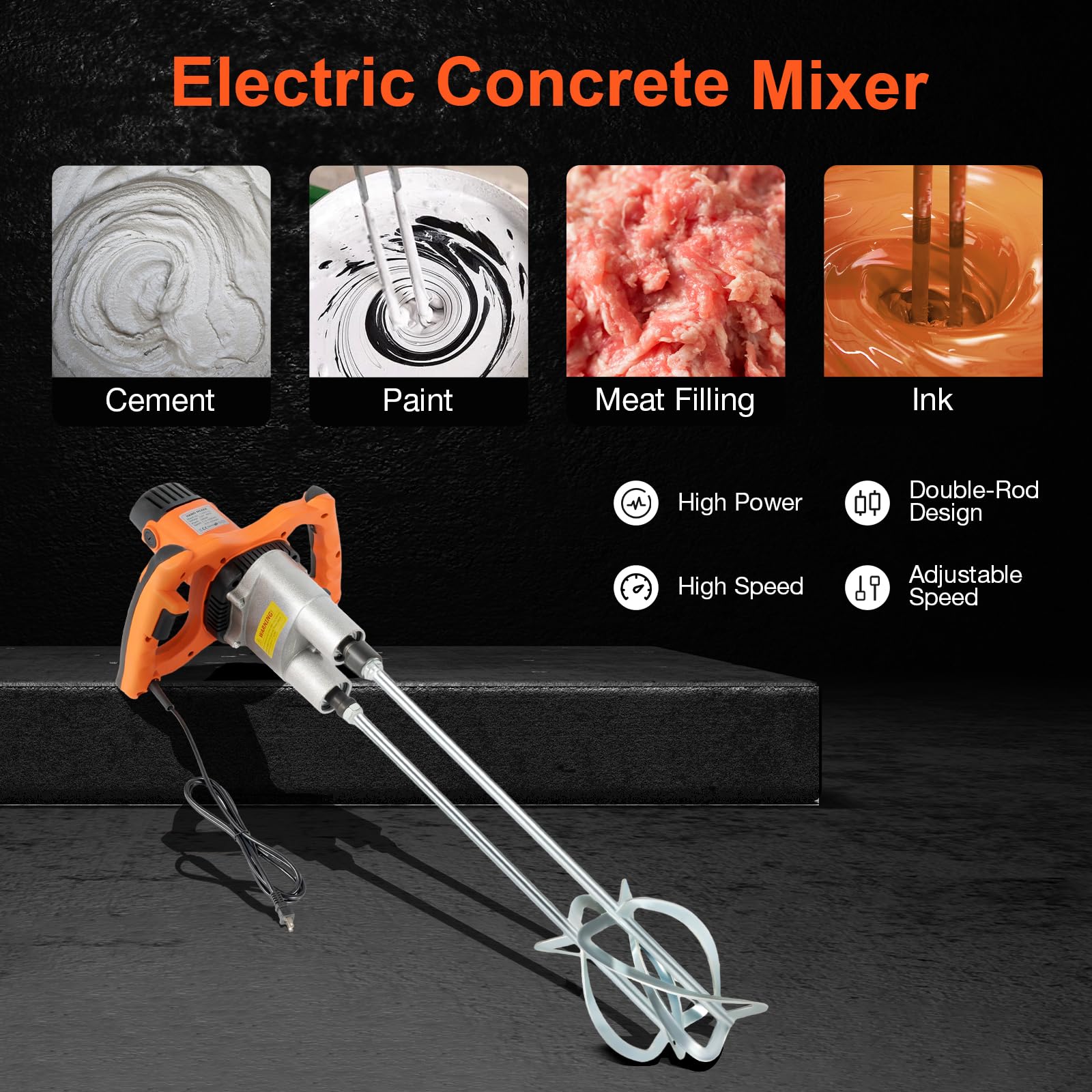 1800W Electric Concrete Mixer - 2 Speed Portable Cement Mixer with Twin Paddle for Plaster, Mortar, Paint & Grout | Handheld Mud Mixer for Construction & DIY Projects (110V) | Perfect for Home Renovation, Wall Repair & Concrete Work