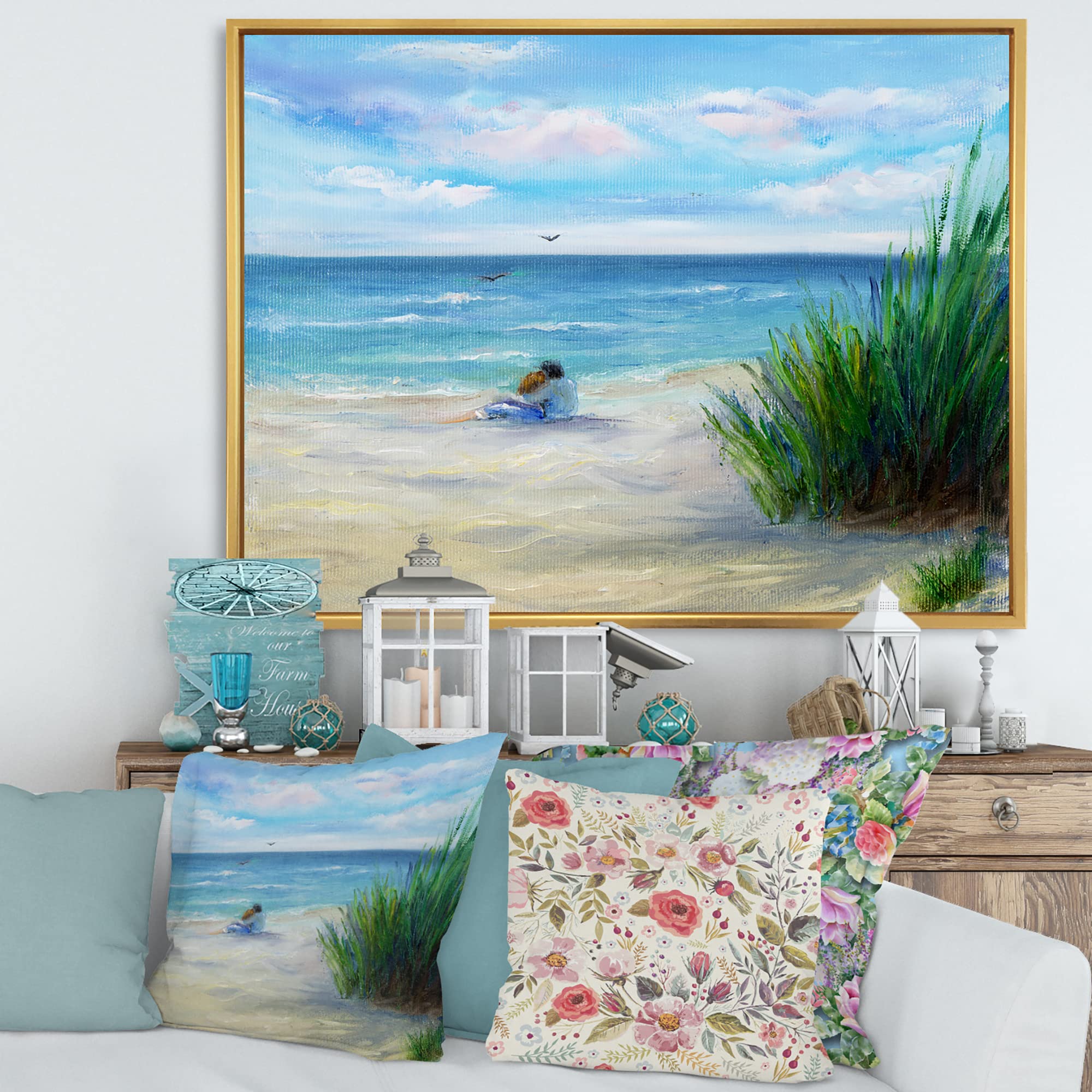 DesignQ Romantic Beach Couple - Nautical Coastal Framed Canvas Wall Art Print for Living Room, Bedroom & Beach House Decor
