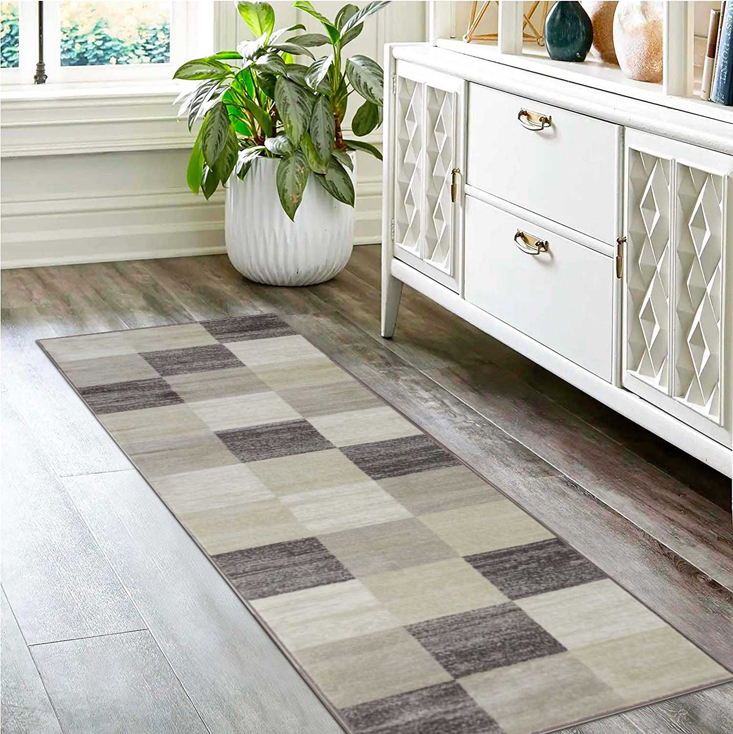 Stylish Rockway Geometric Checkered Block Indoor Area Rug - Non-Slip Floor Mat for Living Room, Bedroom, Nursery & Office Decor