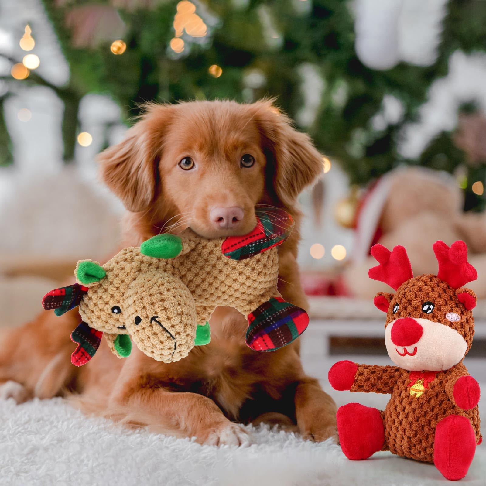 2 Pack Christmas Squeaky Plush Dog Toys for Small & Medium Dogs - Durable Chew-Proof Puppy Toys with 2 Cute Elk Designs (Red & Green) - Perfect for Holiday Playtime, Training Rewards & Interactive Fun
