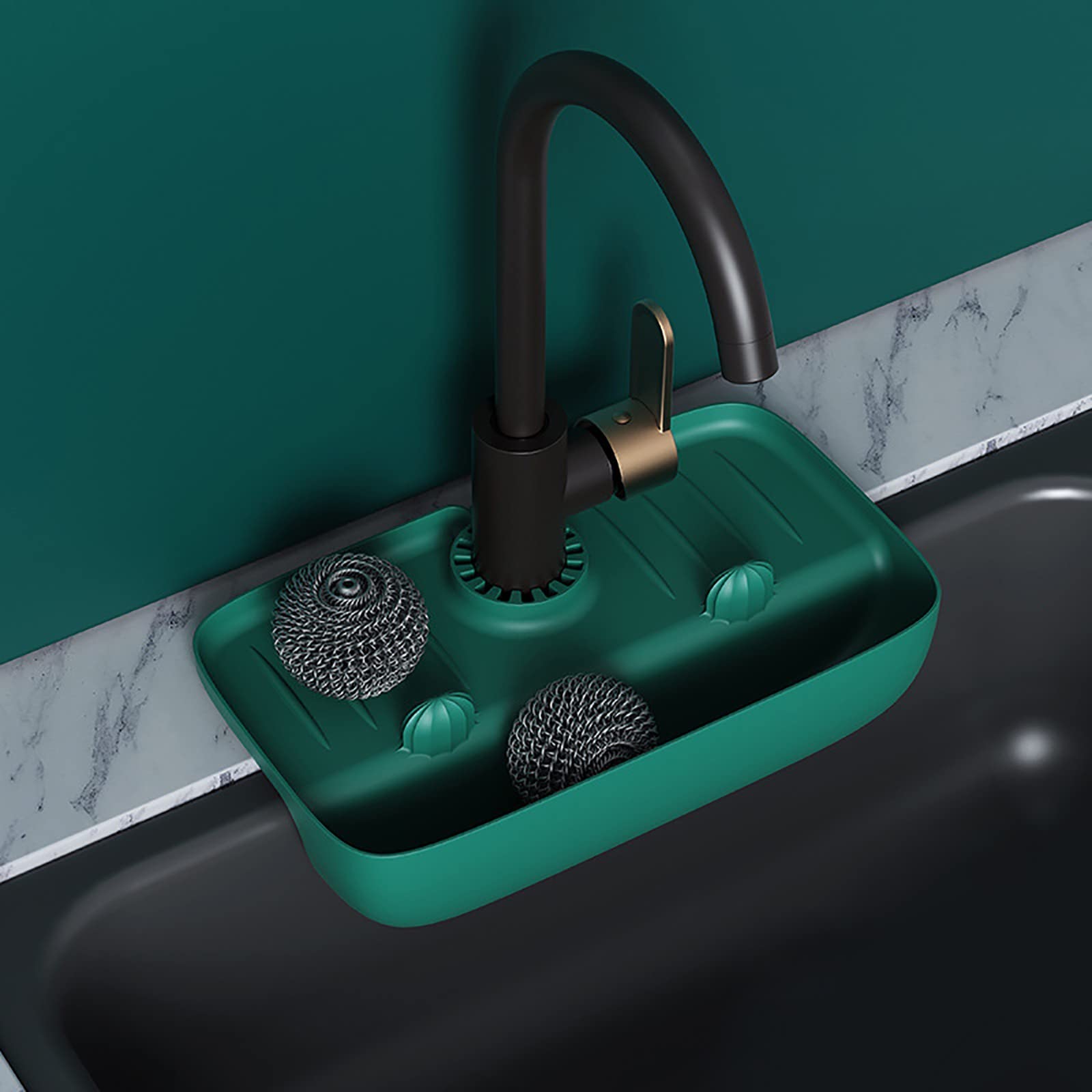 Non-Slip Silicone Sink Storage Rack - Splash-Proof Faucet Draining Organizer for Kitchen Sponges & Rags - Water Collection Pad Fits All Countertops (Green) - Perfect for Small Kitchens & Dish Drying Areas