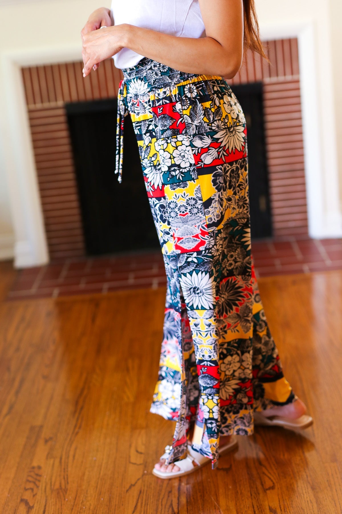 Vacay Vibes Teal Floral Smocked Waist Palazzo Pants with Side Slit - Boho Chic Beachwear for Women, Perfect for Vacation, Summer Outfits & Casual Wear