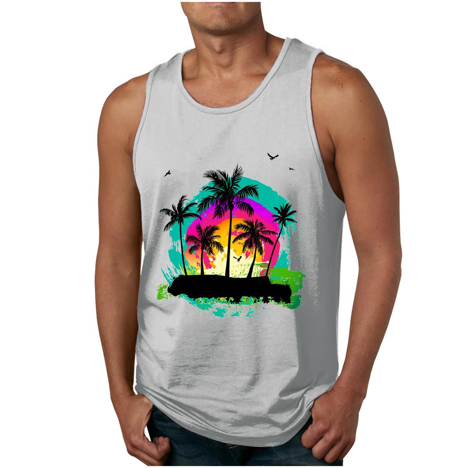 Wodceeke Men's Beach Tank Tops - Sleeveless Summer Gym Shirts, Hawaiian Print Graphic Muscle Tees for Workout & Casual Wear | Perfect for Beach Vacation, Gym Training & Outdoor Activities