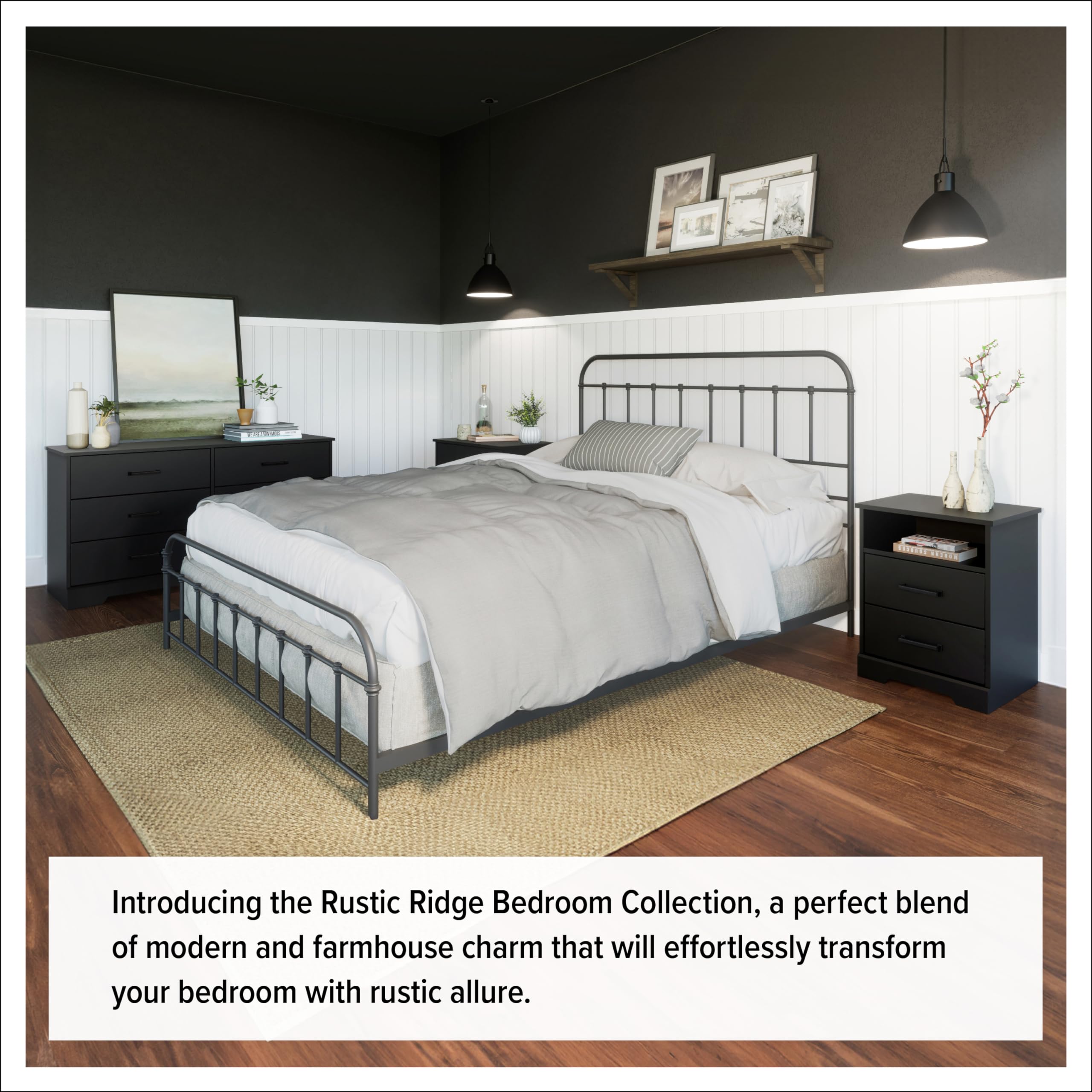Rustic Farmhouse Dresser for Bedroom - 5-Drawer Chest of Drawers in Black, 18.5