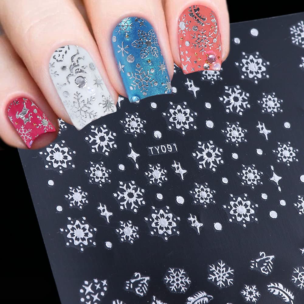 12 Sheets Snowflake Nail Art Stickers - 3D Self-Adhesive Christmas Nail Decals for Women & Girls - Winter Holiday Nail Designs - Perfect for Christmas Parties, Festive Nail Decorations, and Seasonal Manicures (White)