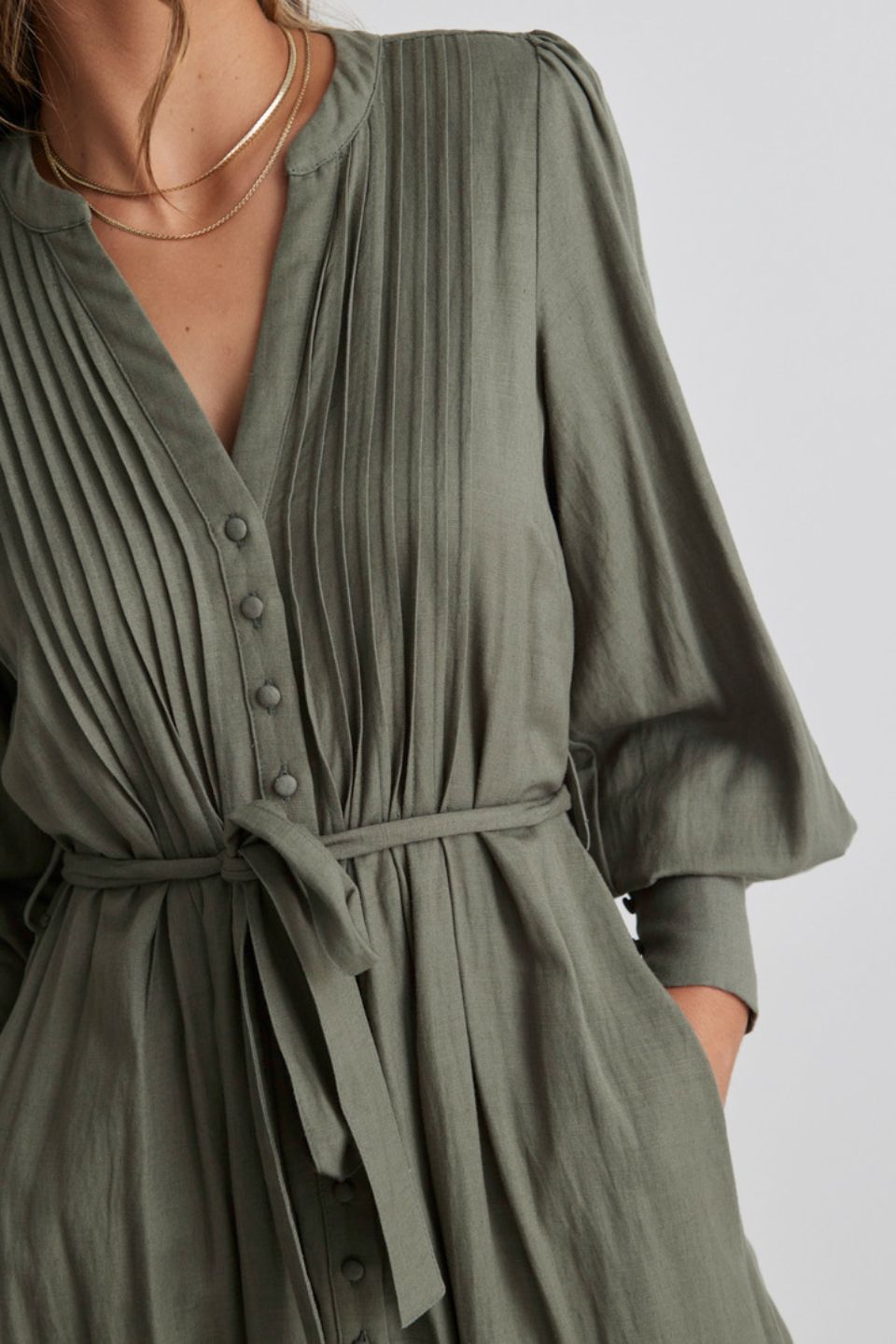 Guardian Soft Khaki Puff Sleeve Pintuck Midi Shirt Dress for Women | Casual Office Wear & Spring Summer Outfits | Comfortable Stretch Cotton Blend Dress