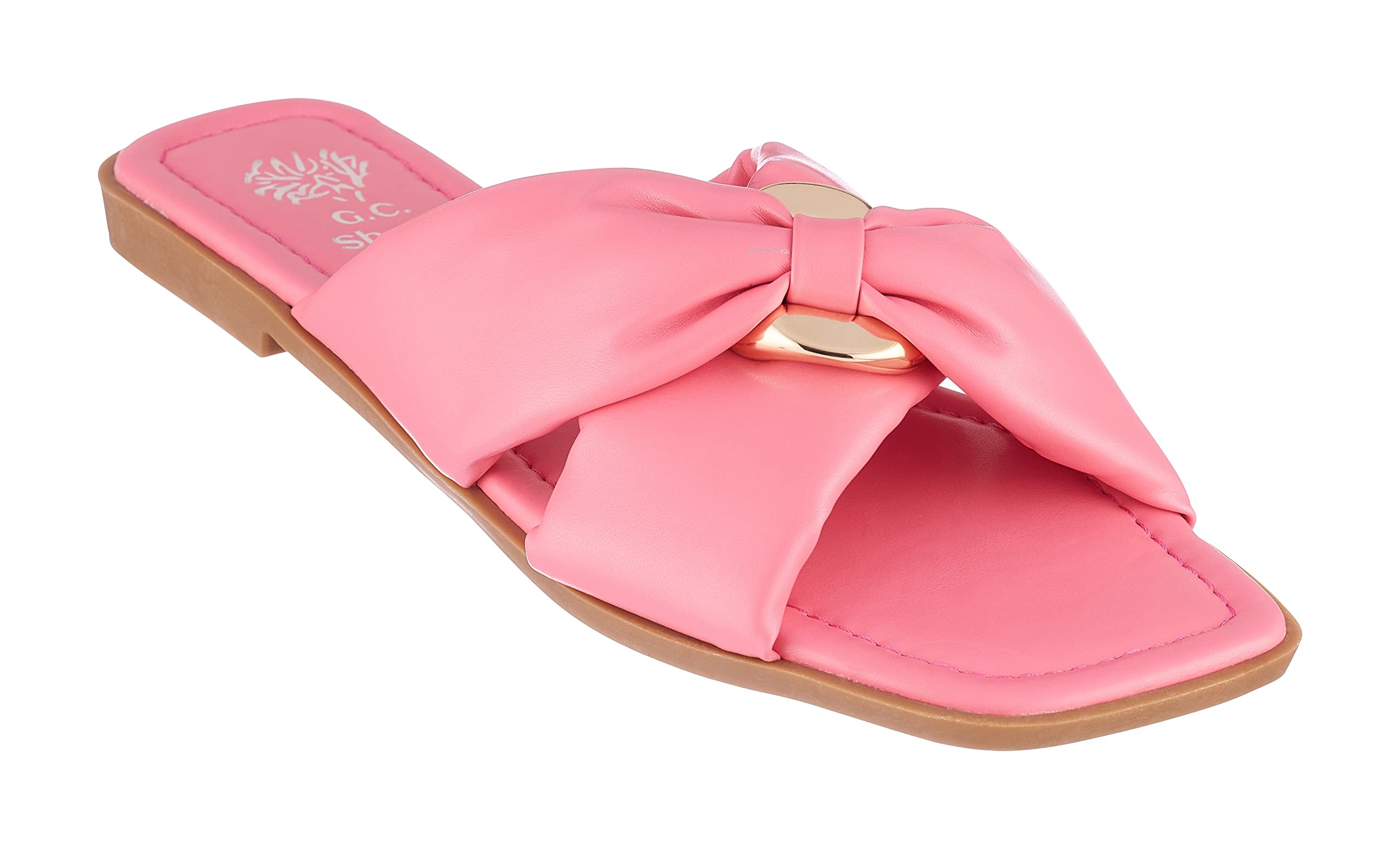 Women's Faux Leather Flat Sandals - Slip-On Summer Slides with Single Knot Band & Knotted Cross Design - Comfortable Padded Thong Sandals for Beach, Vacation & Casual Wear
