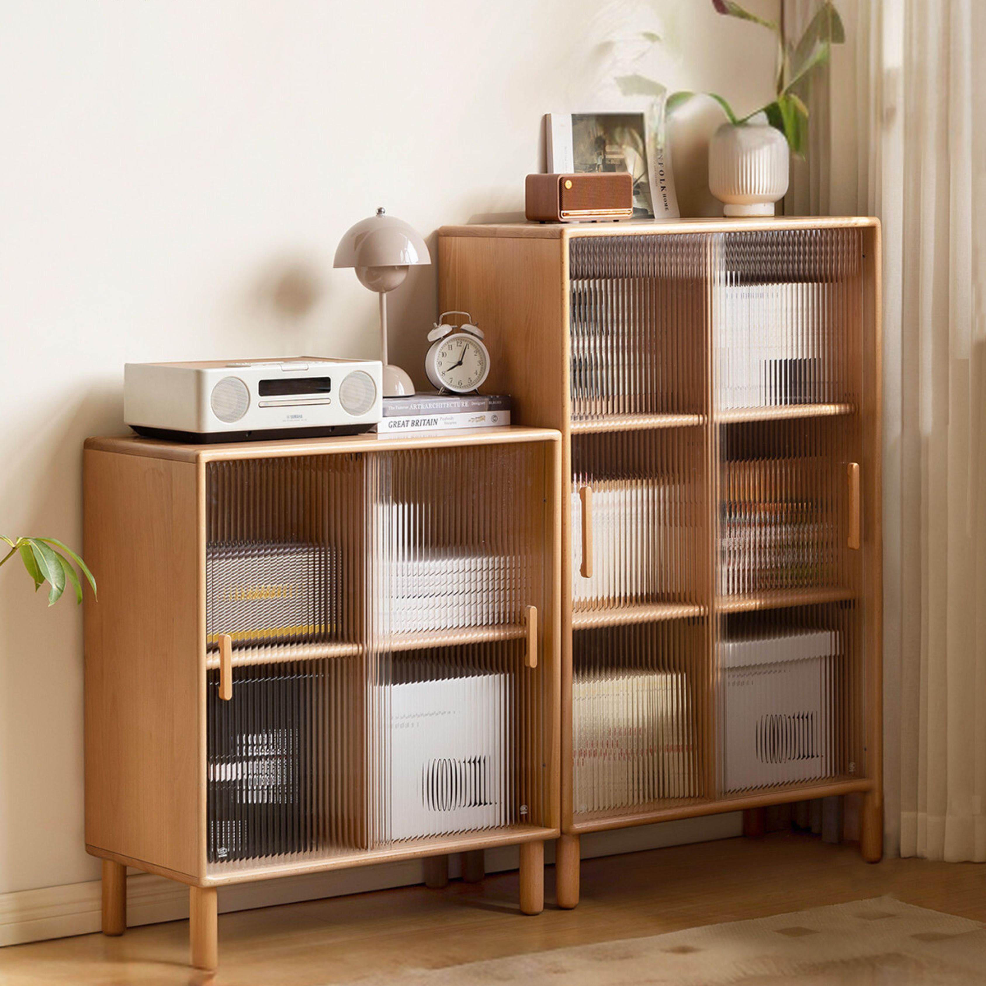 Solid Beech Wood Sliding Door Side Cabinet - Modern Storage Solution for Bedroom, Living Room & Office