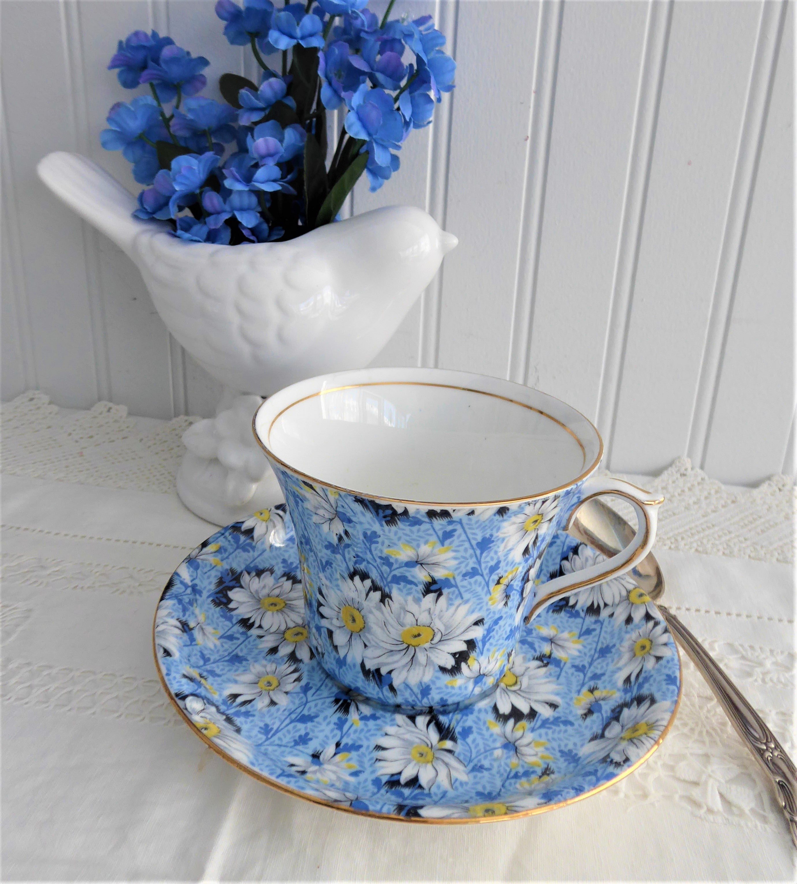 Vintage Shelley Blue Daisy Chintz Teacup & Saucer Set - Rare Dorothy Shape England Fine China - Perfect for Afternoon Tea, Collecting & Home Decor