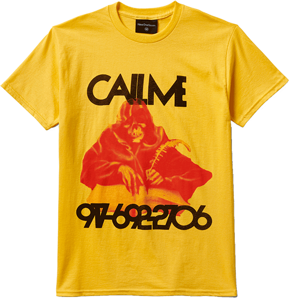 Call Me Reaper Graphic T-Shirt - Large Size in Yellow | Trendy Streetwear for Men & Women | Perfect for Halloween, Gaming Events & Casual Wear