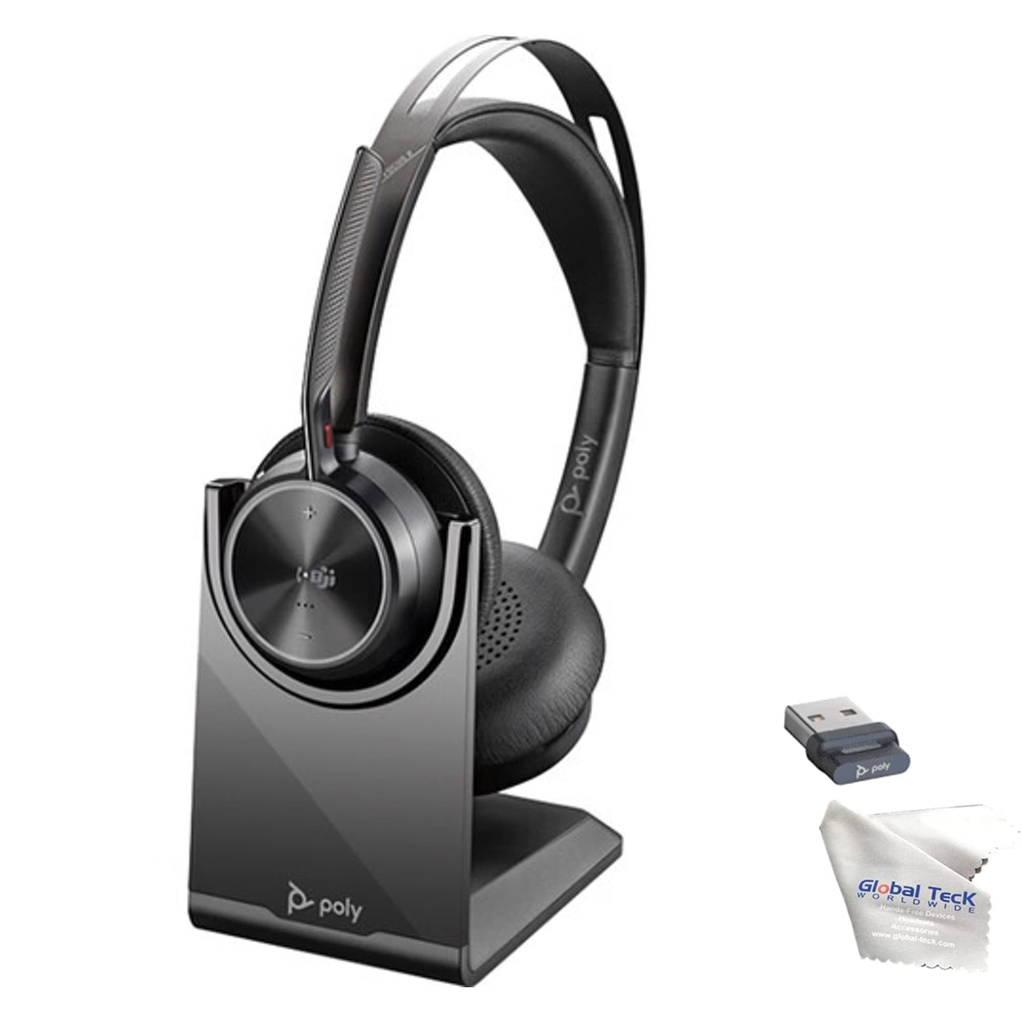 GTW Poly Voyager Focus 2 UC Wireless Bluetooth Headset with Charging Stand | Noise-Canceling Stereo Headphones for Office & Remote Work | Compatible with Teams, Zoom, RingCentral, 8x8, Vonage | USB-A Connectivity for PC, Mac & Smartphones | Includes Bonus Microfiber Cloth | Perfect for Video Conferencing, Call Centers & Home Office Use