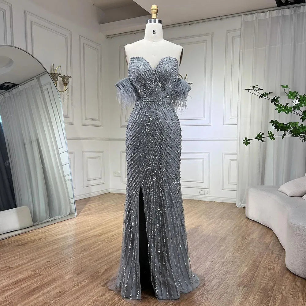Elegant Green Mermaid Evening Dress with Feather Beading - Women's High Split Spaghetti Strap Gown for Prom, Party & Special Occasions