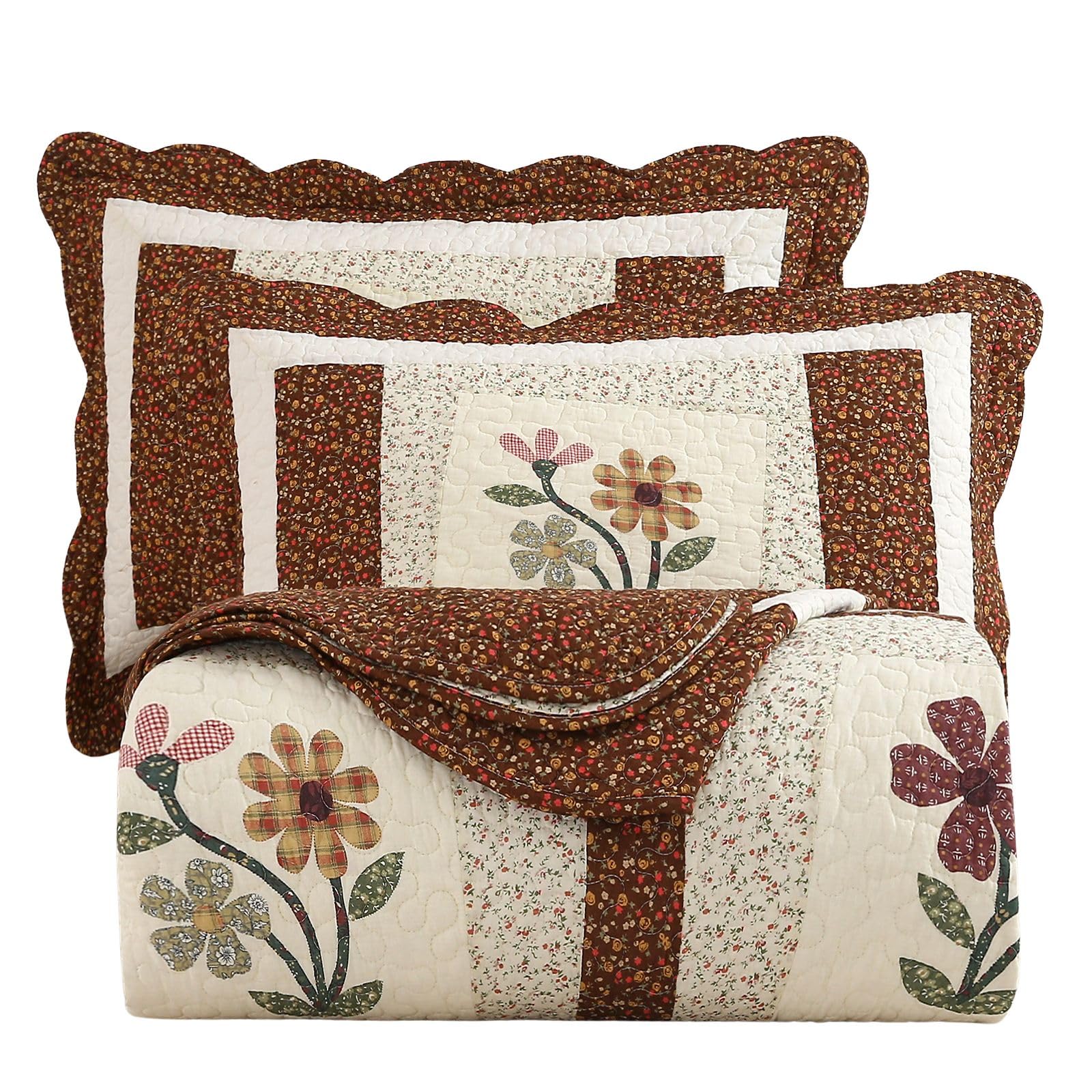 VCTOPS 3-Piece Embroidered Floral Quilted Bedspread Set - 100% Cotton Reversible Patchwork Coverlet with 1 Quilt & 2 Pillow Shams (Coffee, King Size) - Perfect for Master Bedroom, Guest Room & Cozy Farmhouse Decor