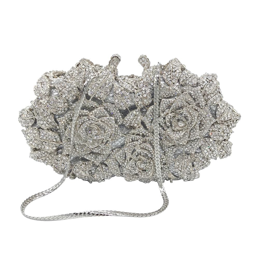 Sparkly Diamond Evening Handbags for Women - Glitter Bling Party Wedding Clutch Purse with Rose Silver Design | Perfect for Prom, Cocktail Events & Special Occasions